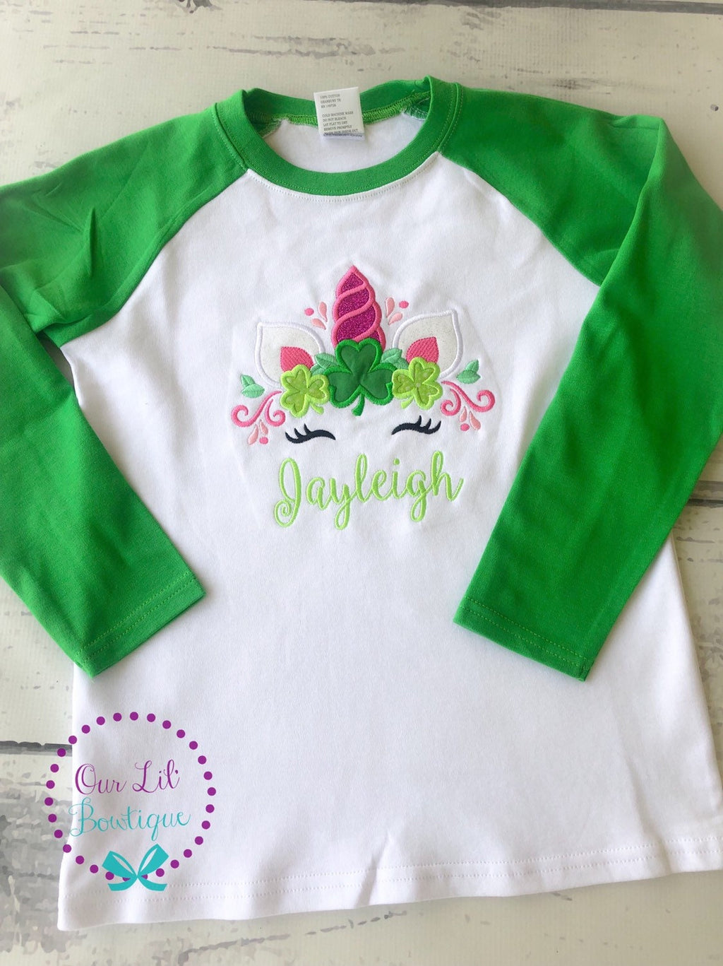 Personalized St. Patrick's Day Unicorn Shirt: Shamrock Face Appliqué