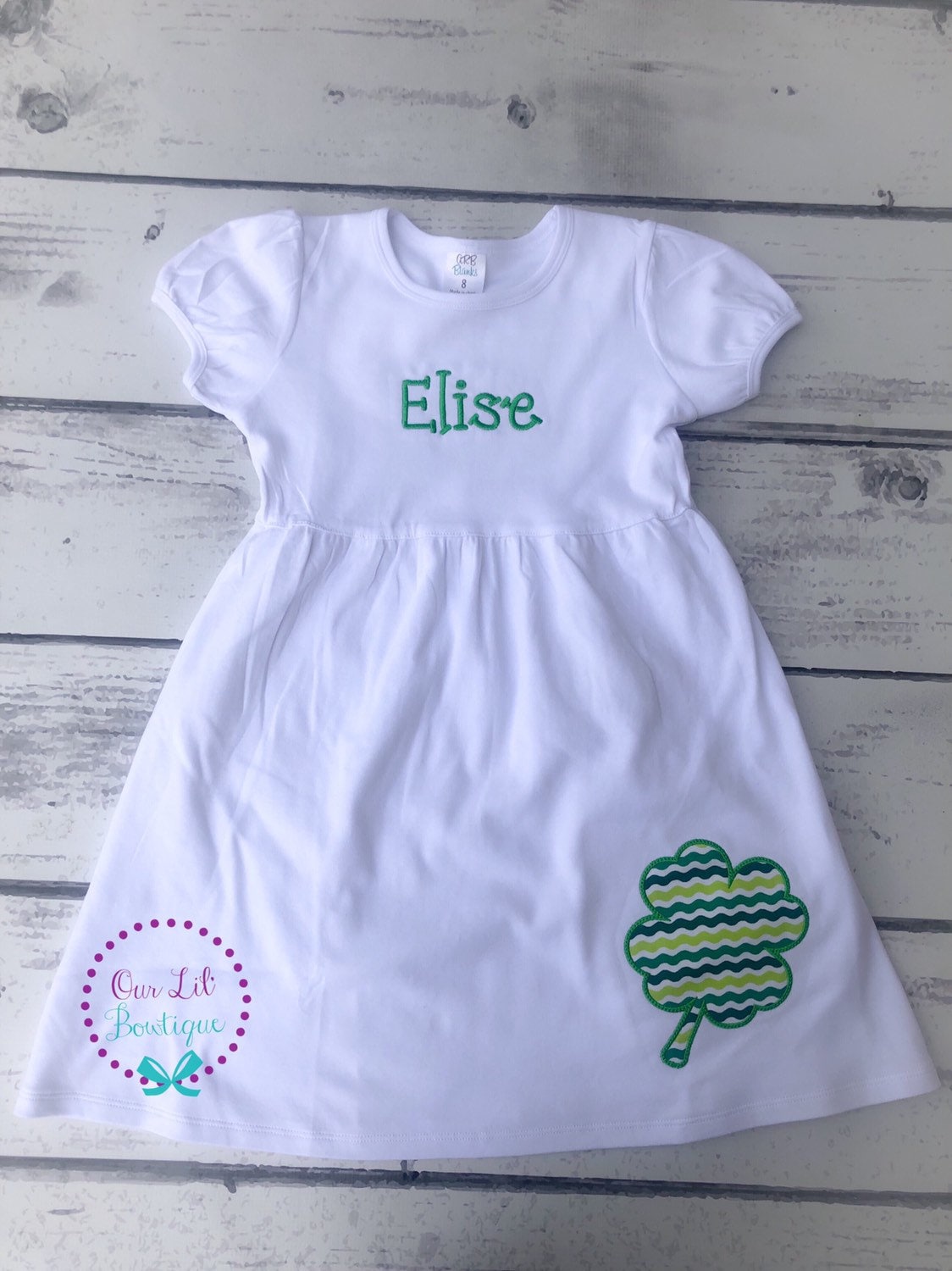 Girls St. Patrick's Day Dress: Four Leaf Clover Applique, Monogram Option