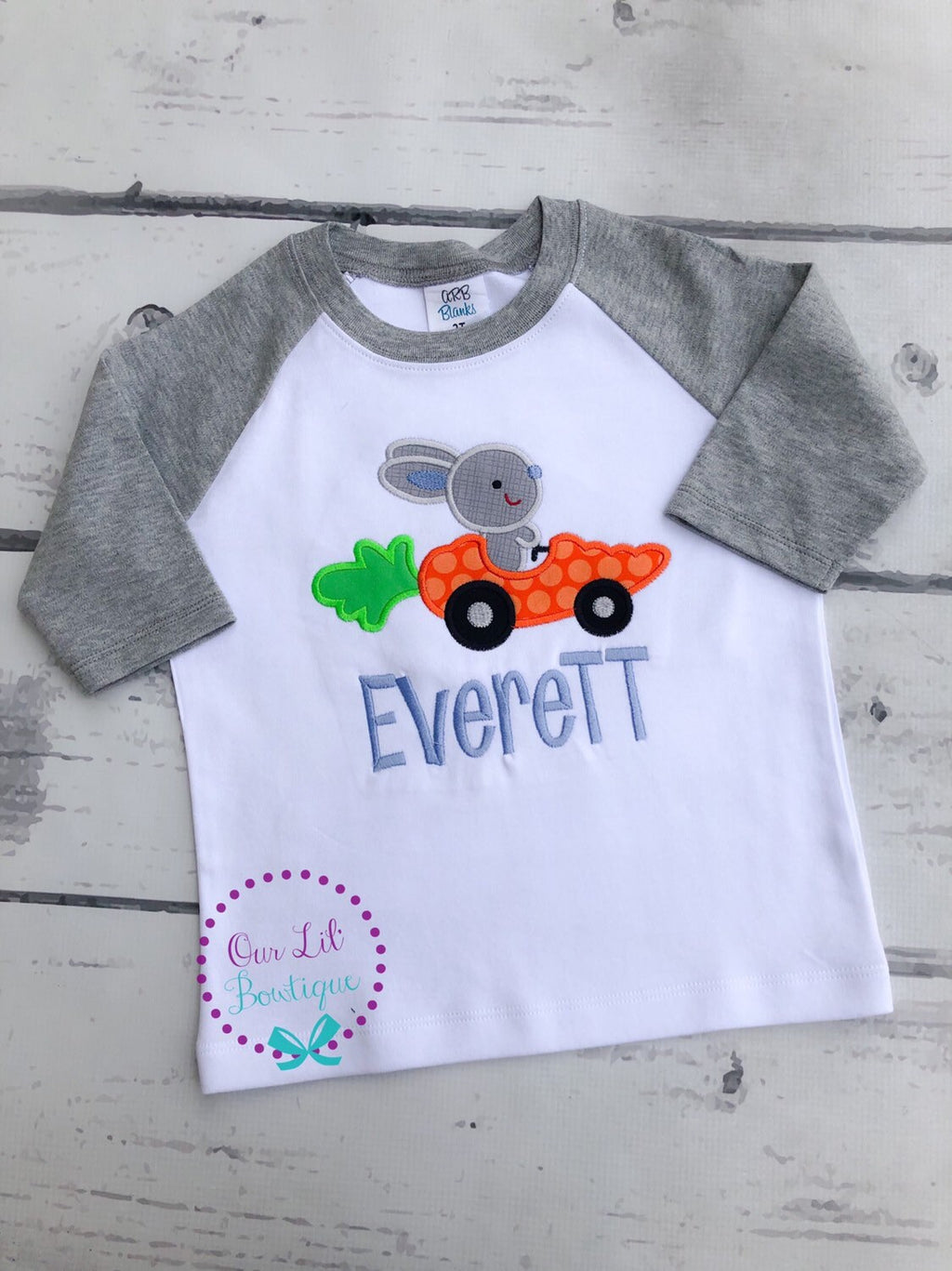 Personalized Easter Raglan Shirt: Bunny Carrot Car Appliqué