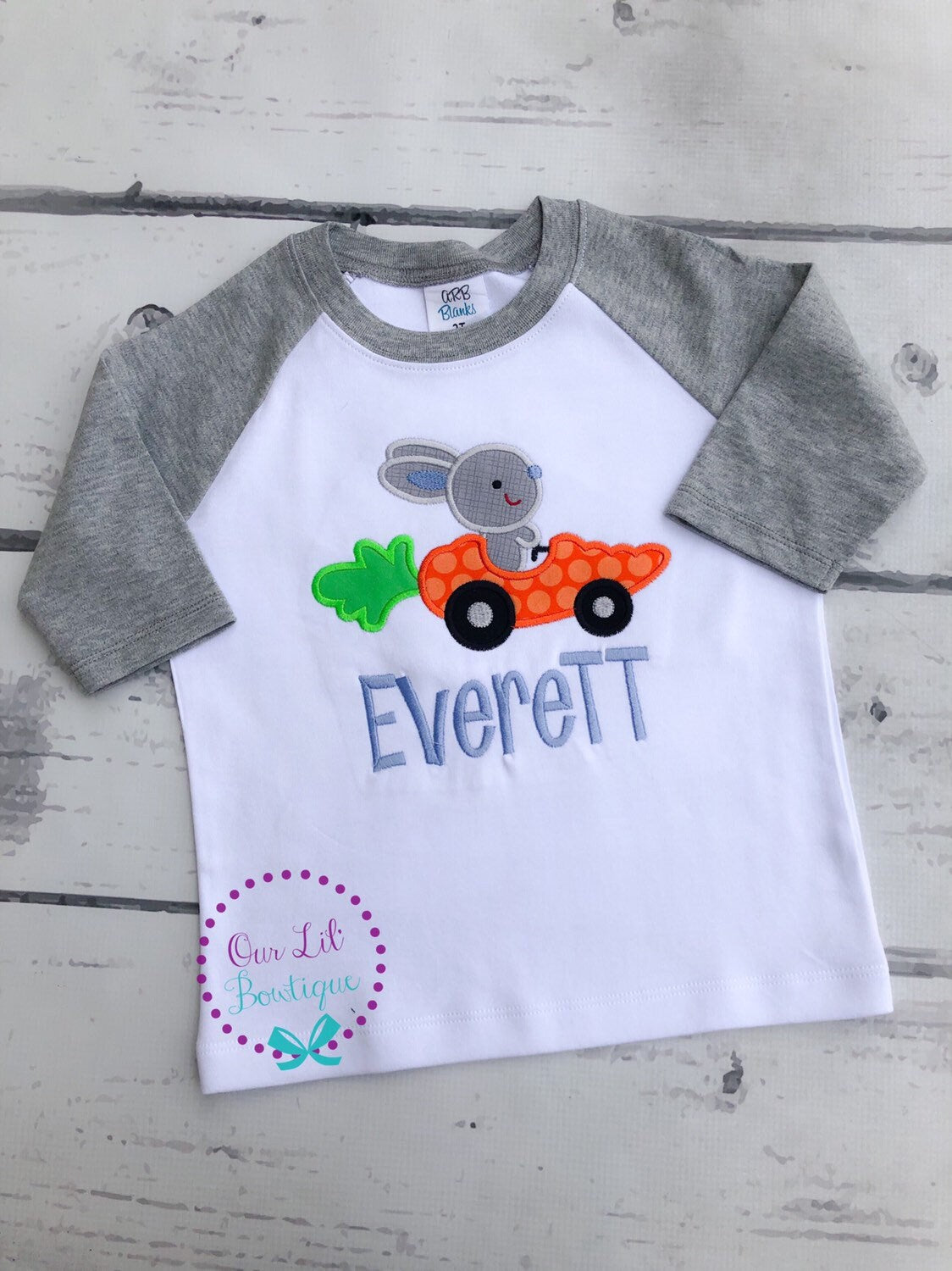Personalized Easter Raglan Shirt: Bunny Carrot Car Appliqué