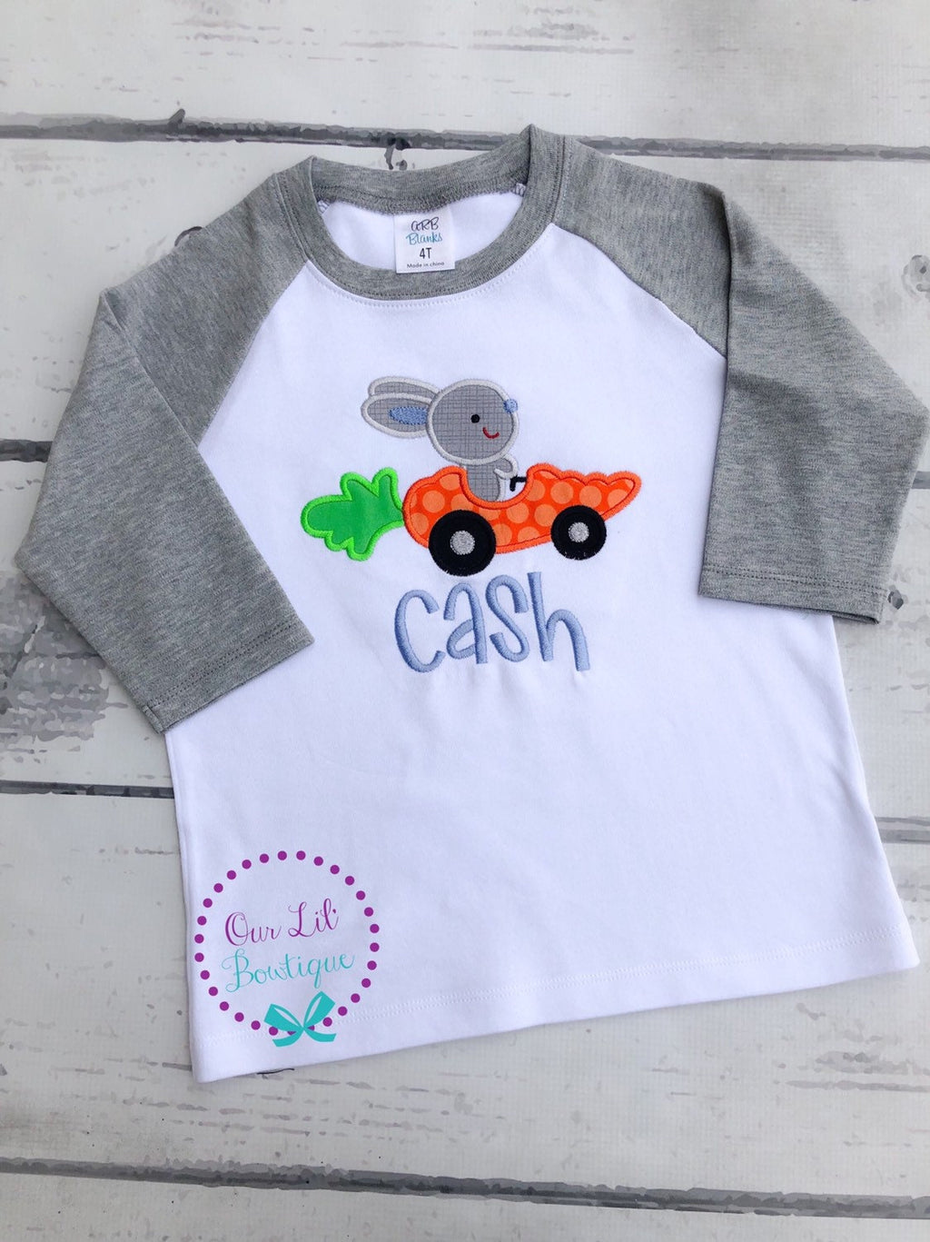 Personalized Easter Raglan Shirt: Bunny Carrot Car Appliqué