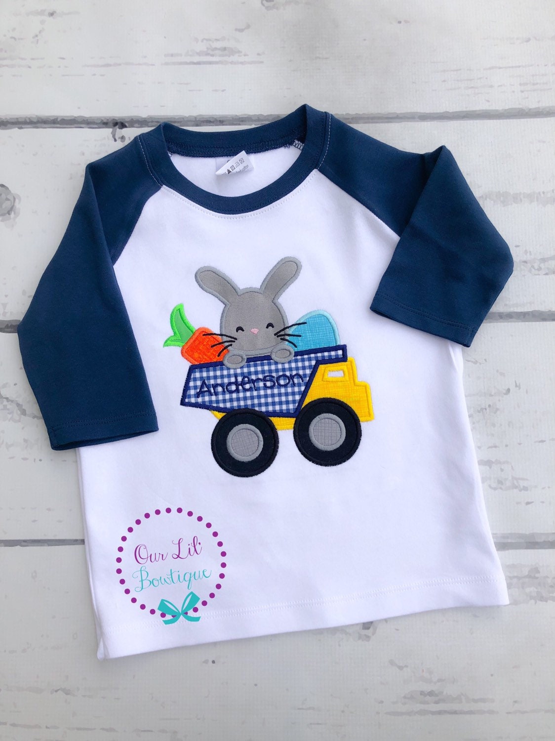 Personalized Easter Raglan: Bunny Dump Truck Appliqué Shirt