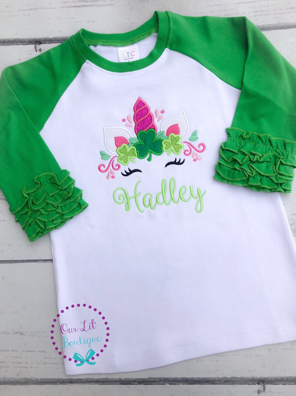 Personalized St. Patrick's Day Unicorn Shirt: Shamrock Face Appliqué