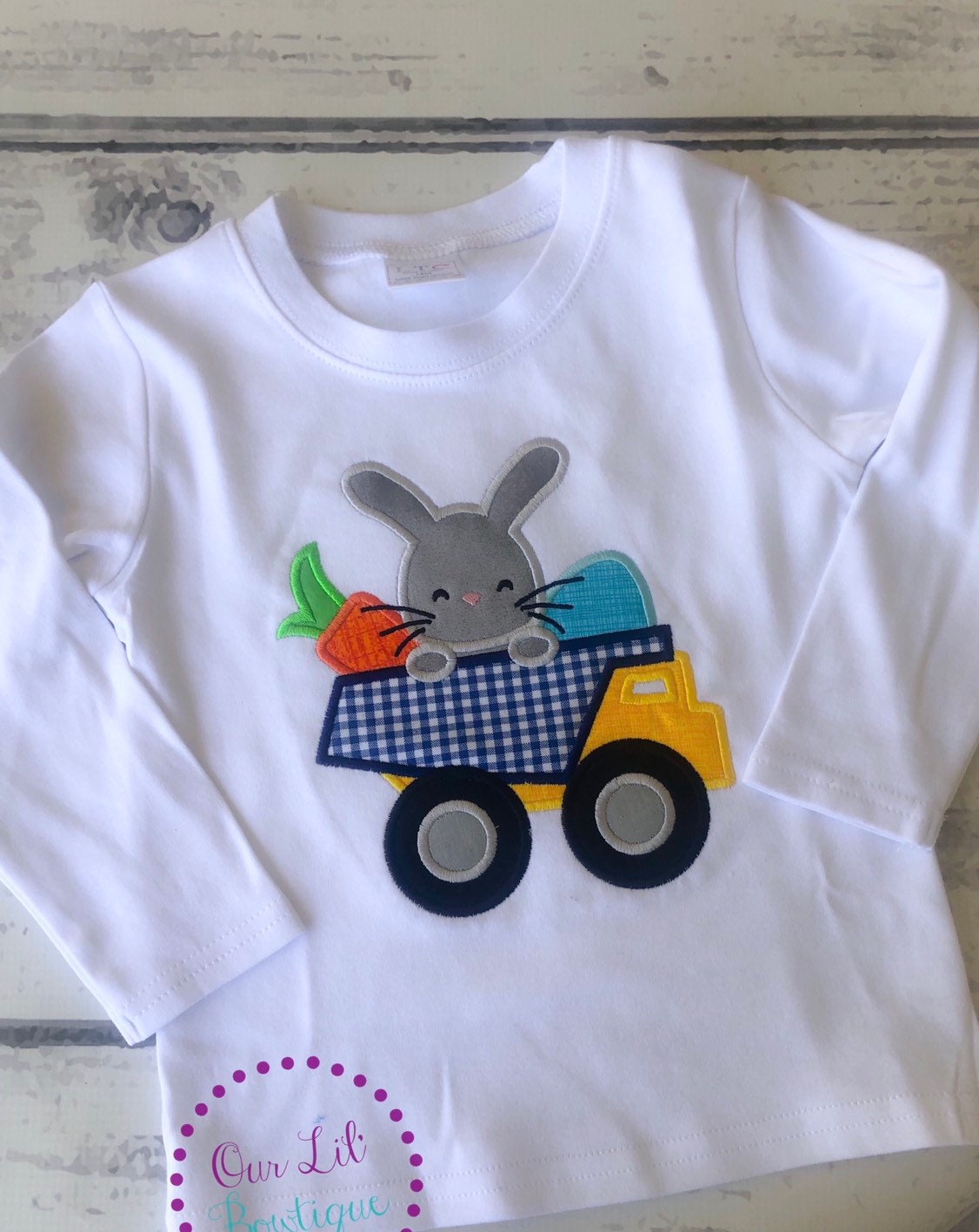 Personalized Easter Raglan: Bunny Dump Truck Appliqué Shirt