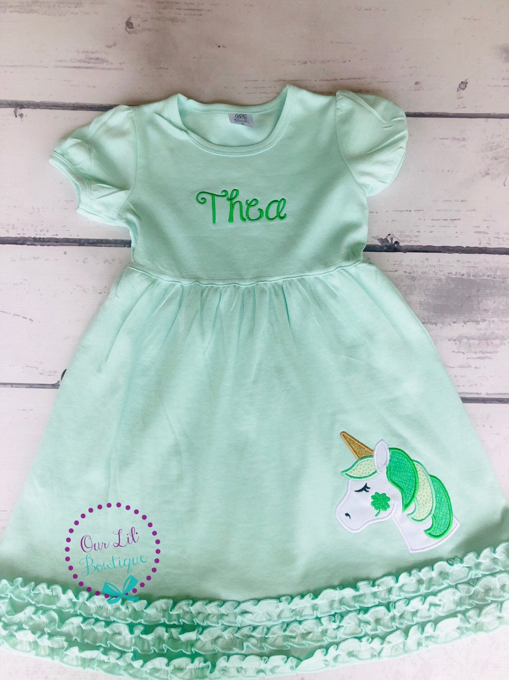 Girls St. Patrick's Day Dress: Unicorn Shamrock Applique, Monogram Option