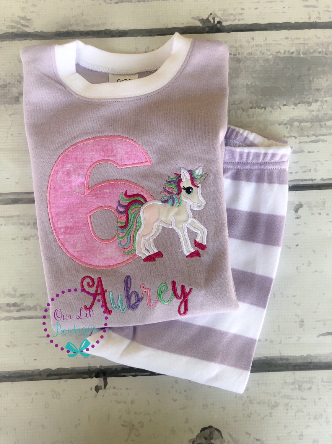 Unicorn Birthday Outfit: Personalized Applique Shirt & Striped Bottoms