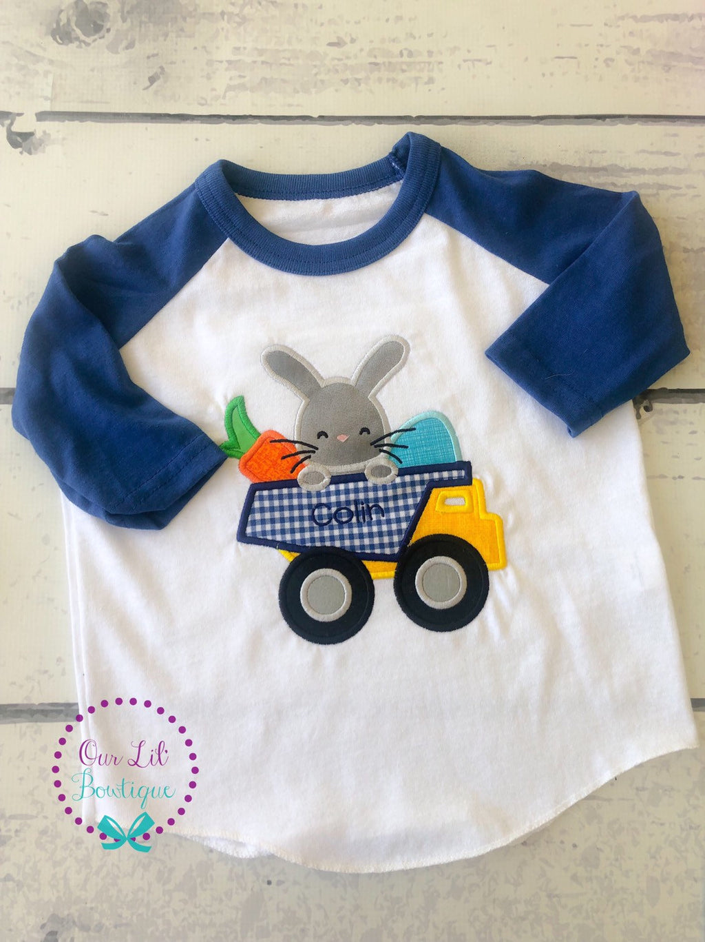 Personalized Easter Raglan: Bunny Dump Truck Appliqué Shirt