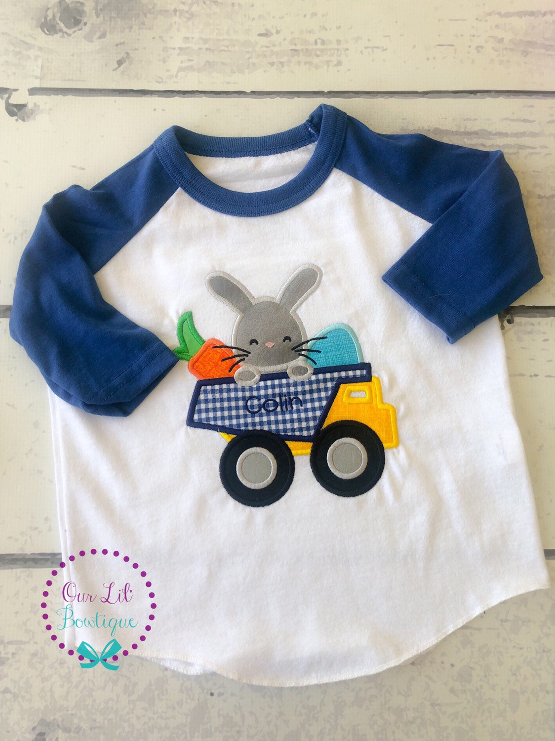 Personalized Easter Raglan: Bunny Dump Truck Appliqué Shirt