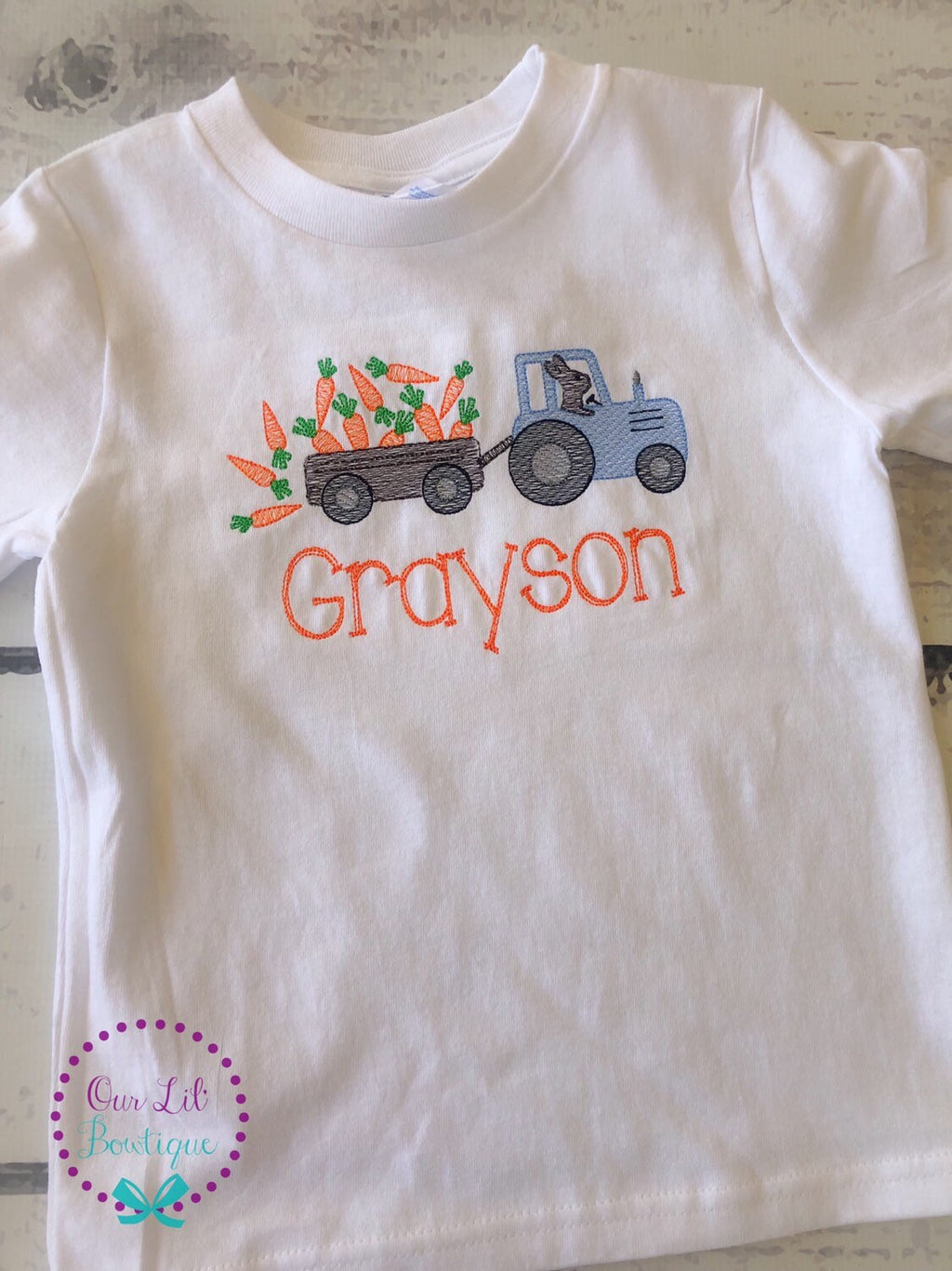 Embroidered Easter Tractor Shirt: Boys Bunny Carrots, Personalized
