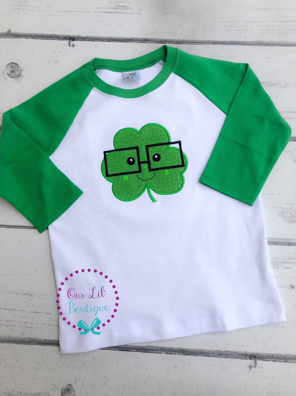 Personalized St. Patrick's Day Raglan Shirt: Shamrock Glasses Appliqué