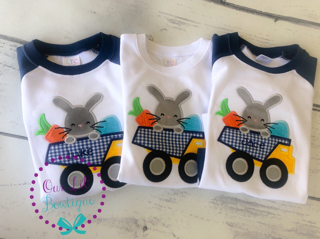 Personalized Easter Raglan: Bunny Dump Truck Appliqué Shirt