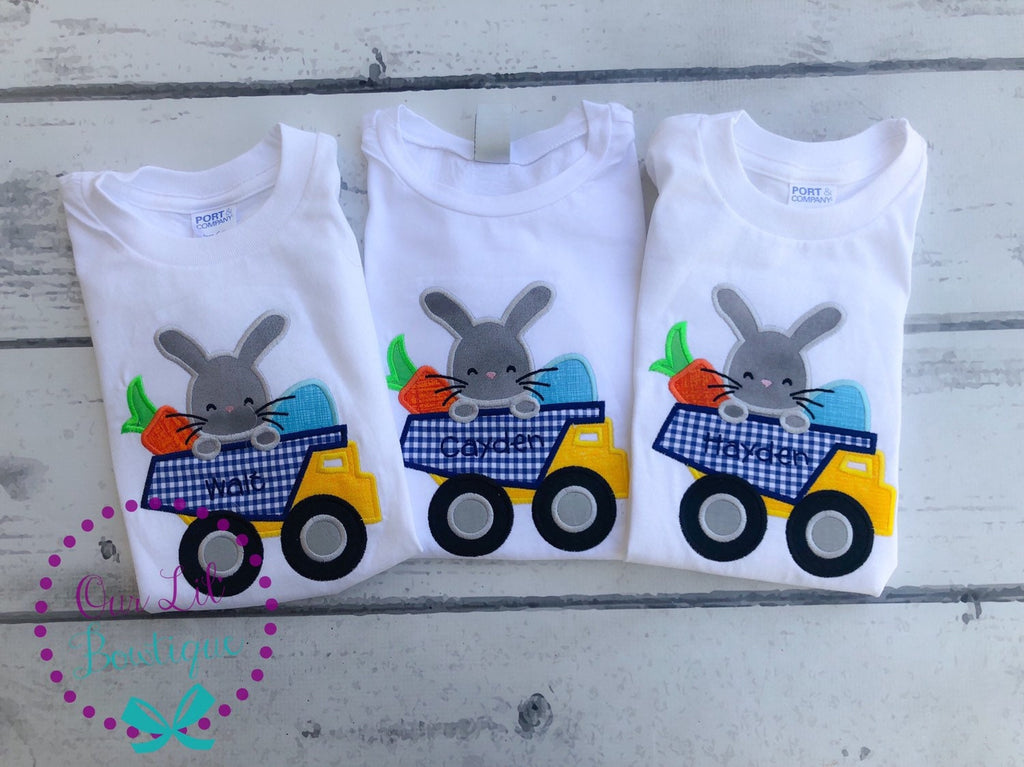 Personalized Easter Raglan: Bunny Dump Truck Appliqué Shirt