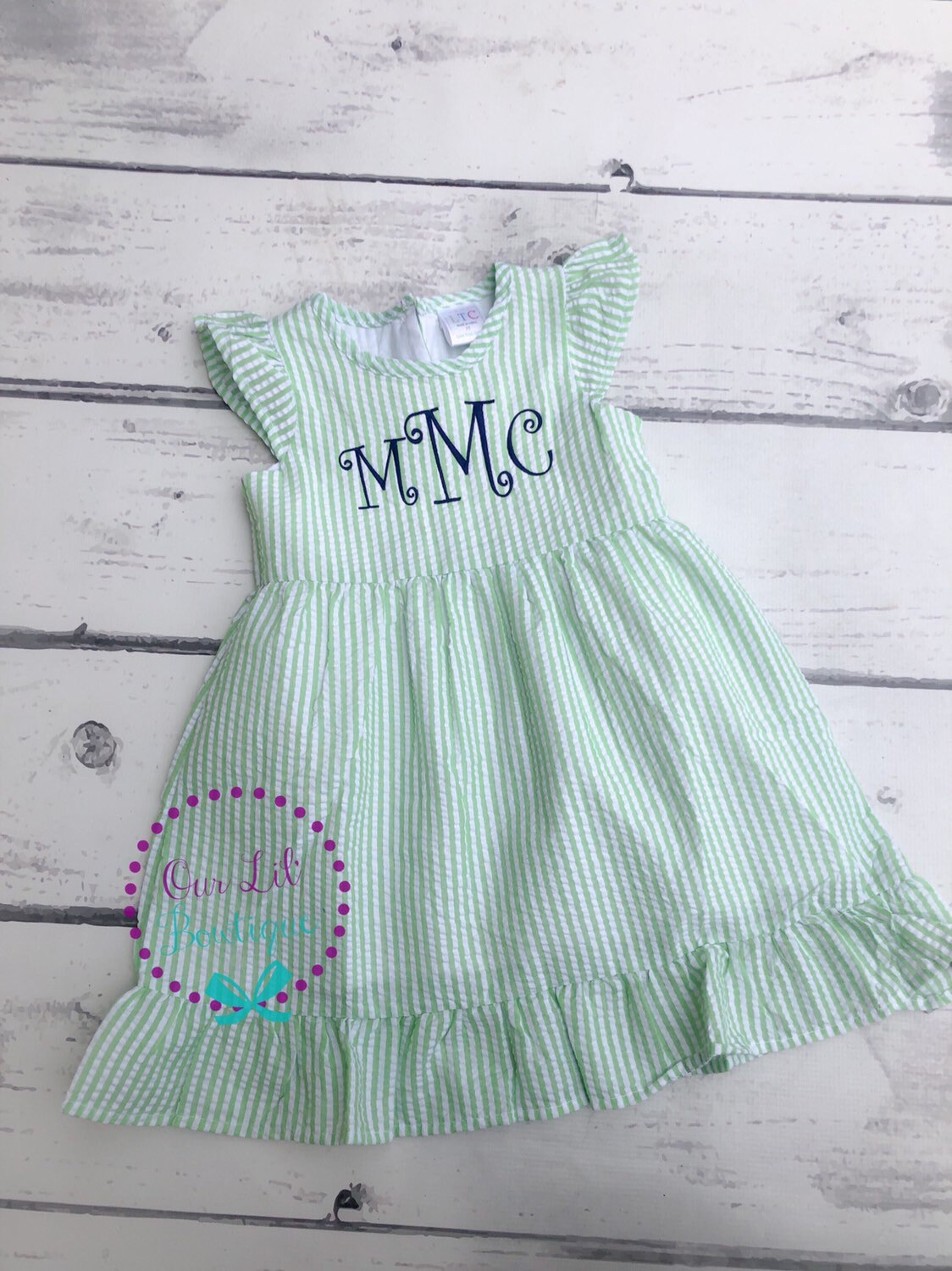 Seersucker Monogrammed Dress - Girls Monogrammed Dress - Seersucker Dress - Personalized Toddler Dress - Back To School Dress - Seersucker