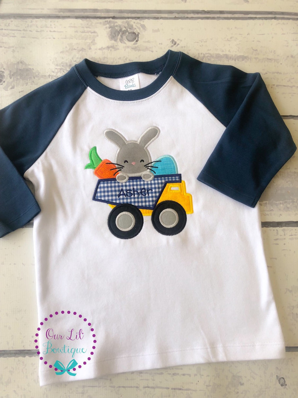 Personalized Easter Raglan: Bunny Dump Truck Appliqué Shirt