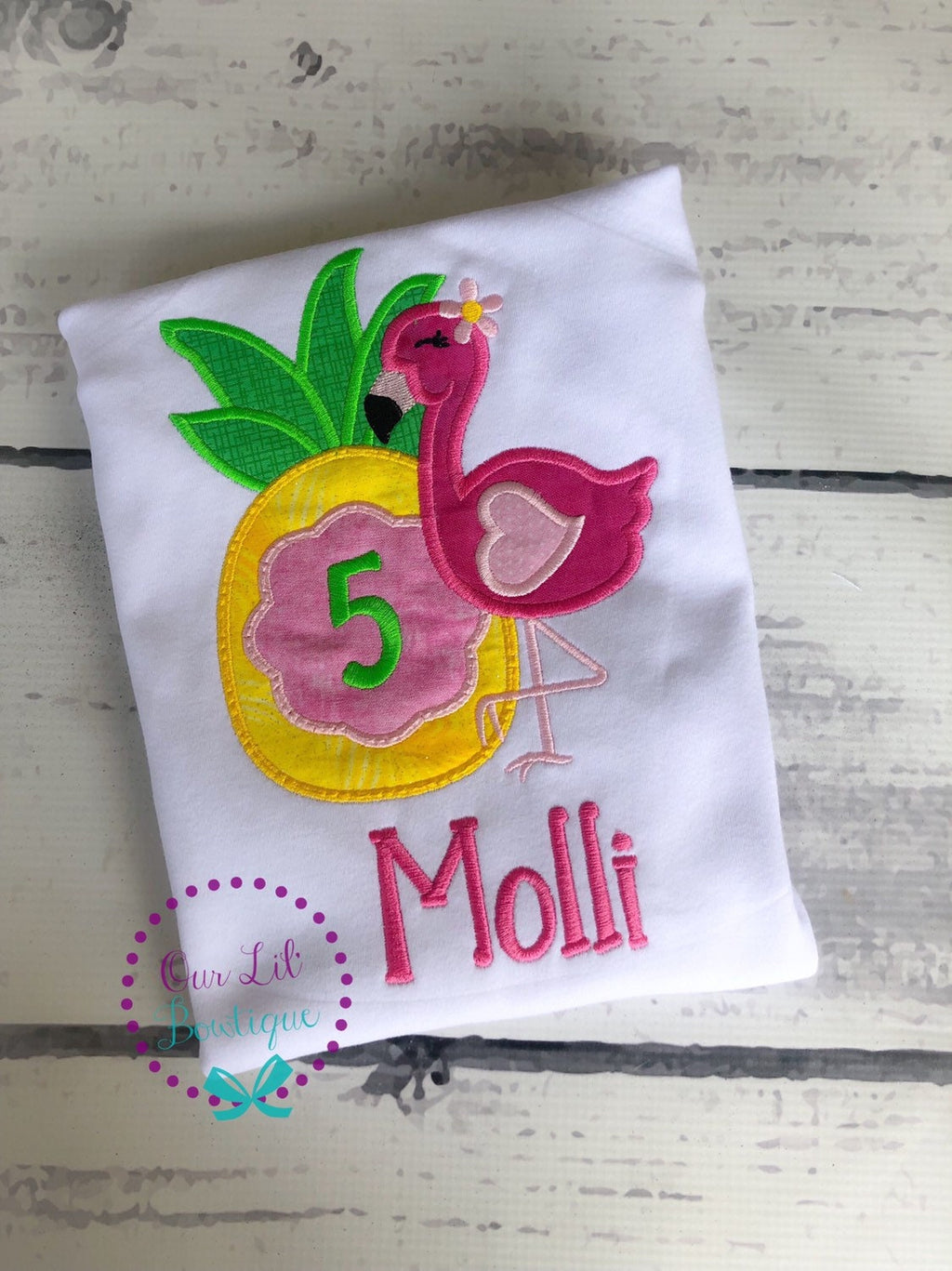 Personalized Flamingo Birthday Shirt: Pineapple Applique, Summer Outfit