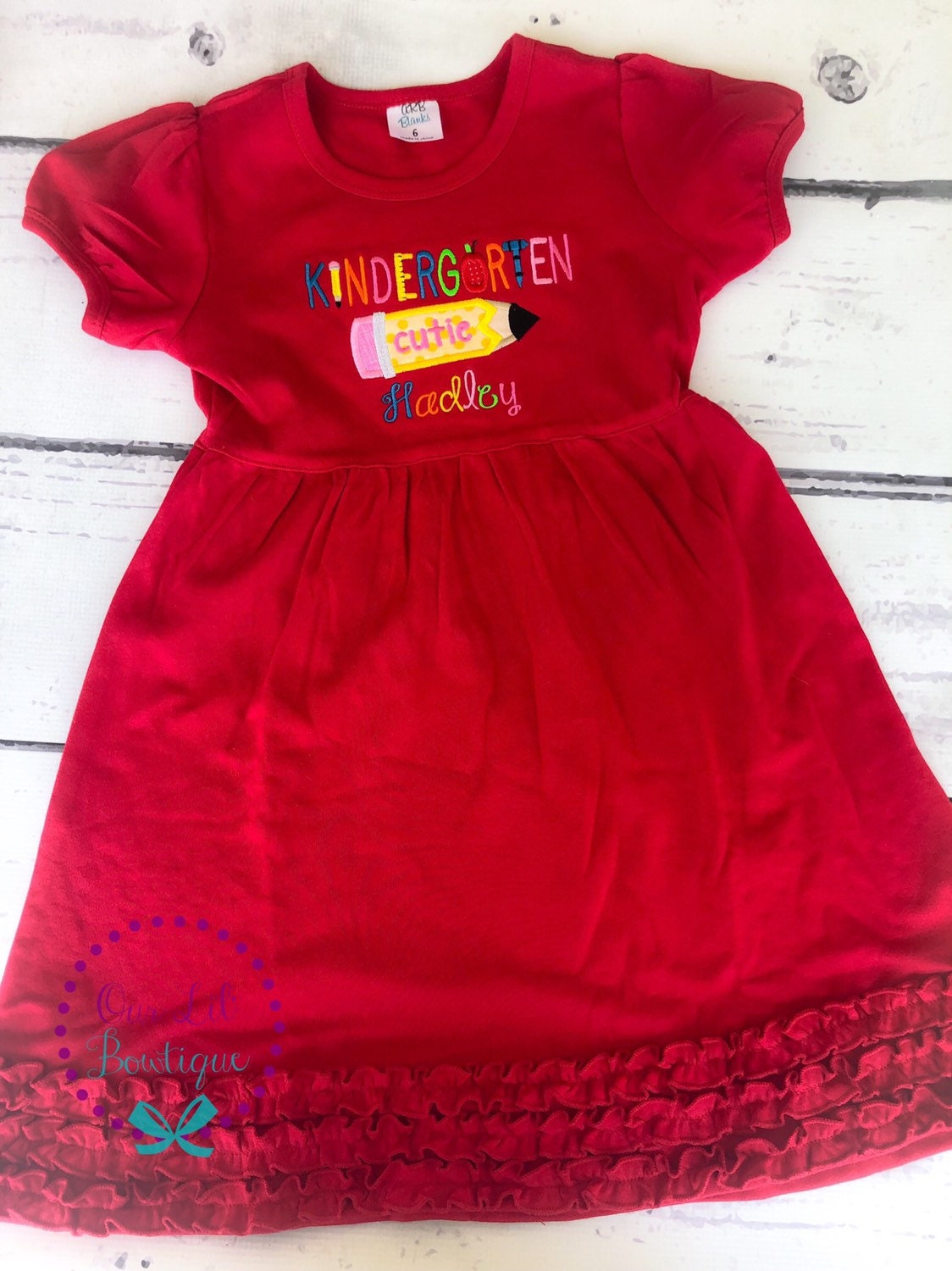Embroidered Back to School Dress: Kindergarten Cutie Pencil Applique