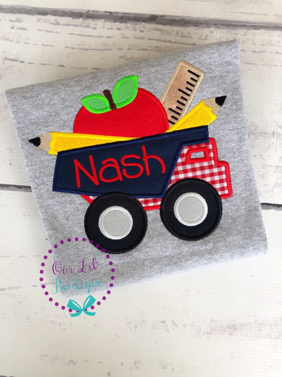 Personalized Back to School Truck Shirt: Embroidered School Supplies Applique