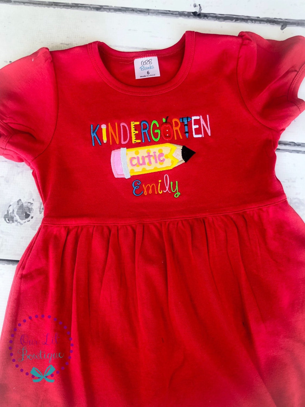 Embroidered Back to School Dress: Kindergarten Cutie Pencil Applique