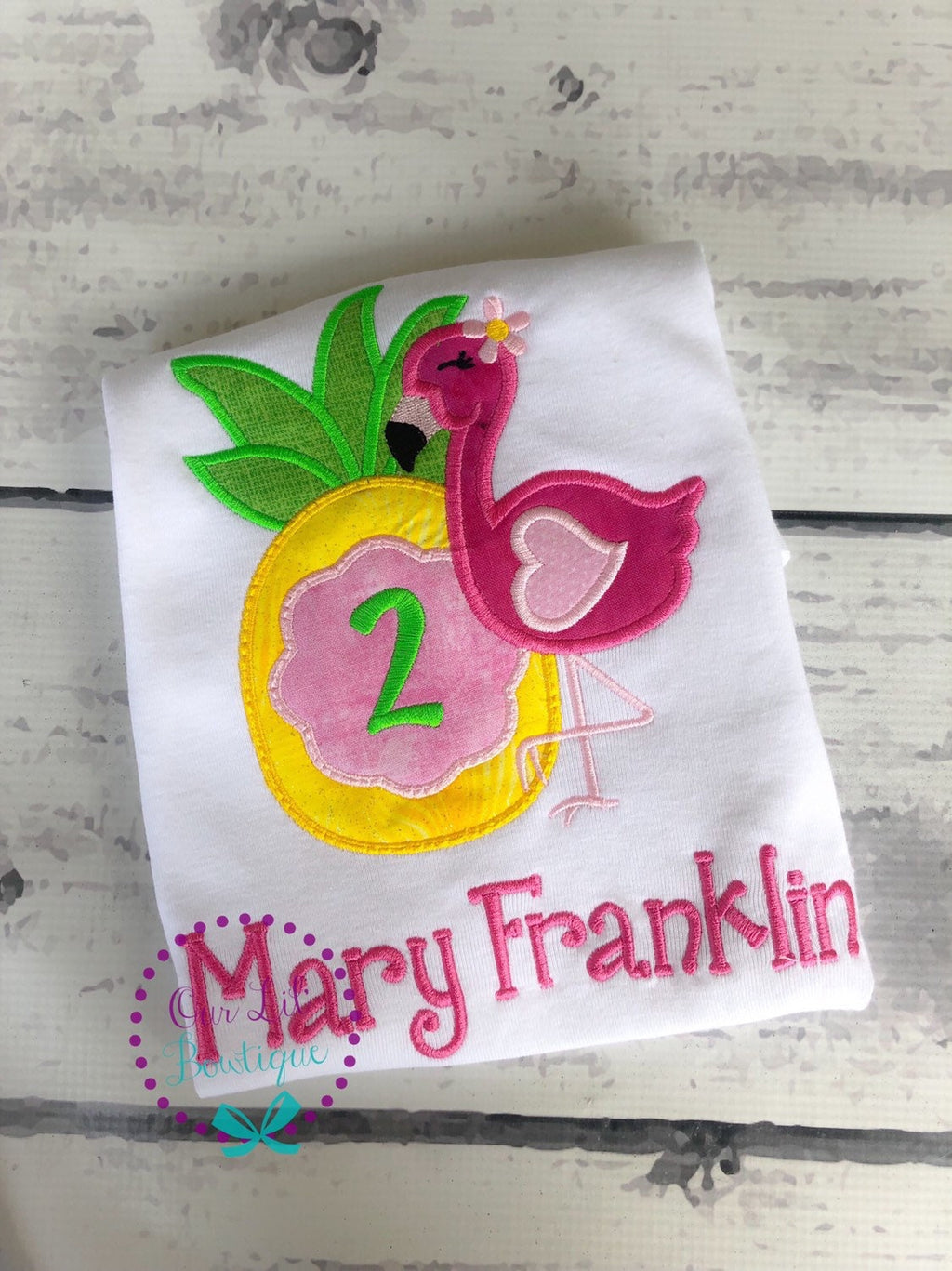 Personalized Flamingo Birthday Shirt: Pineapple Applique, Summer Outfit