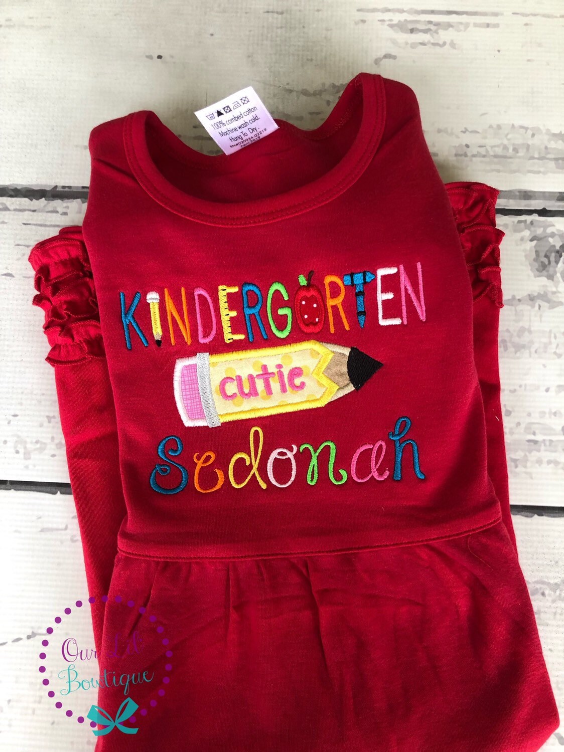 Embroidered Back to School Dress: Kindergarten Cutie Pencil Applique