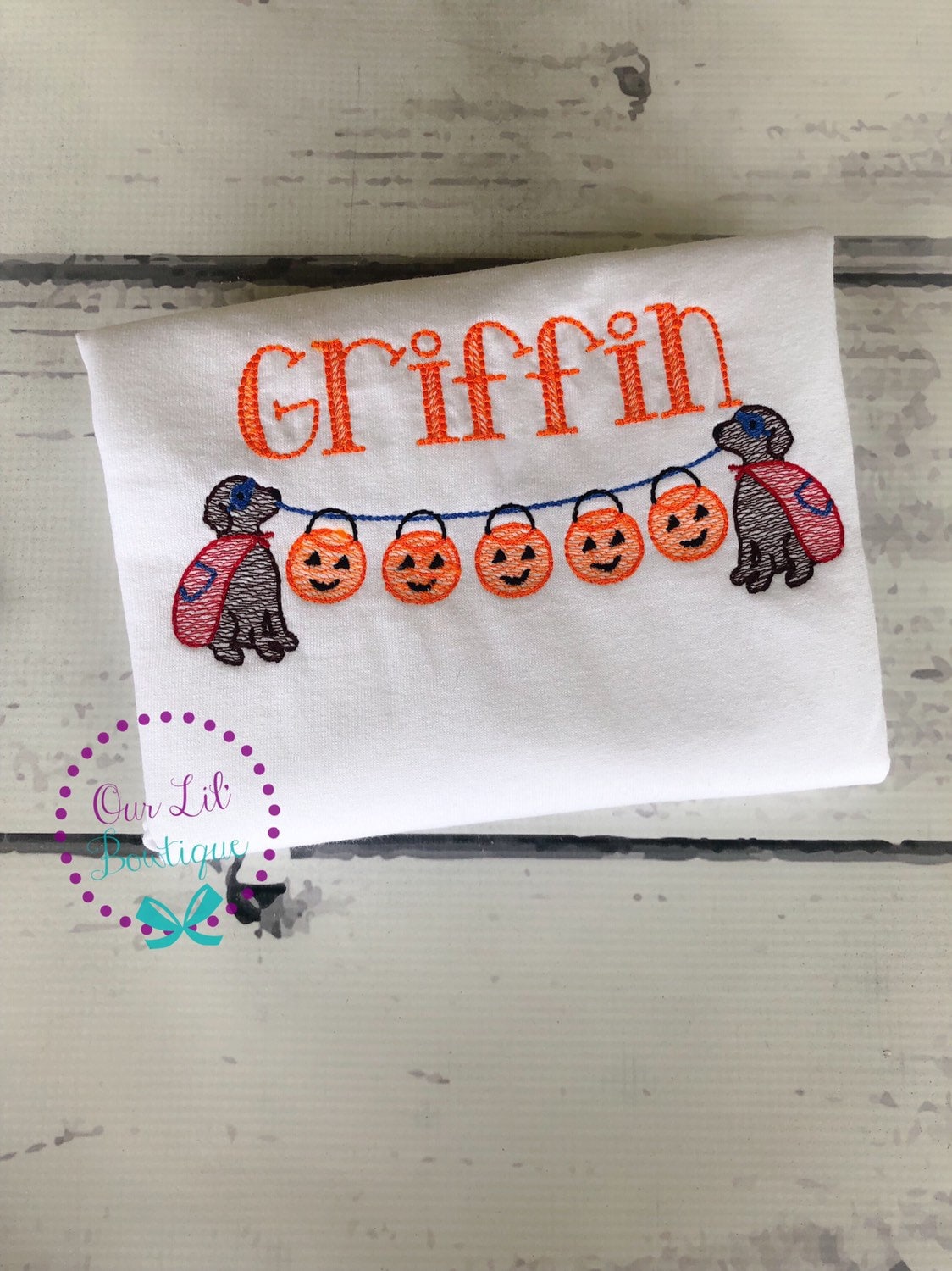 Dog with Pumpkin Halloween Shirt: Vintage Stitch Appliqué