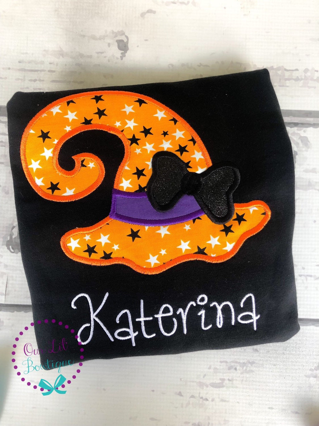 Girls Halloween Shirt: Witch Hat Applique, Ruffle Sleeve