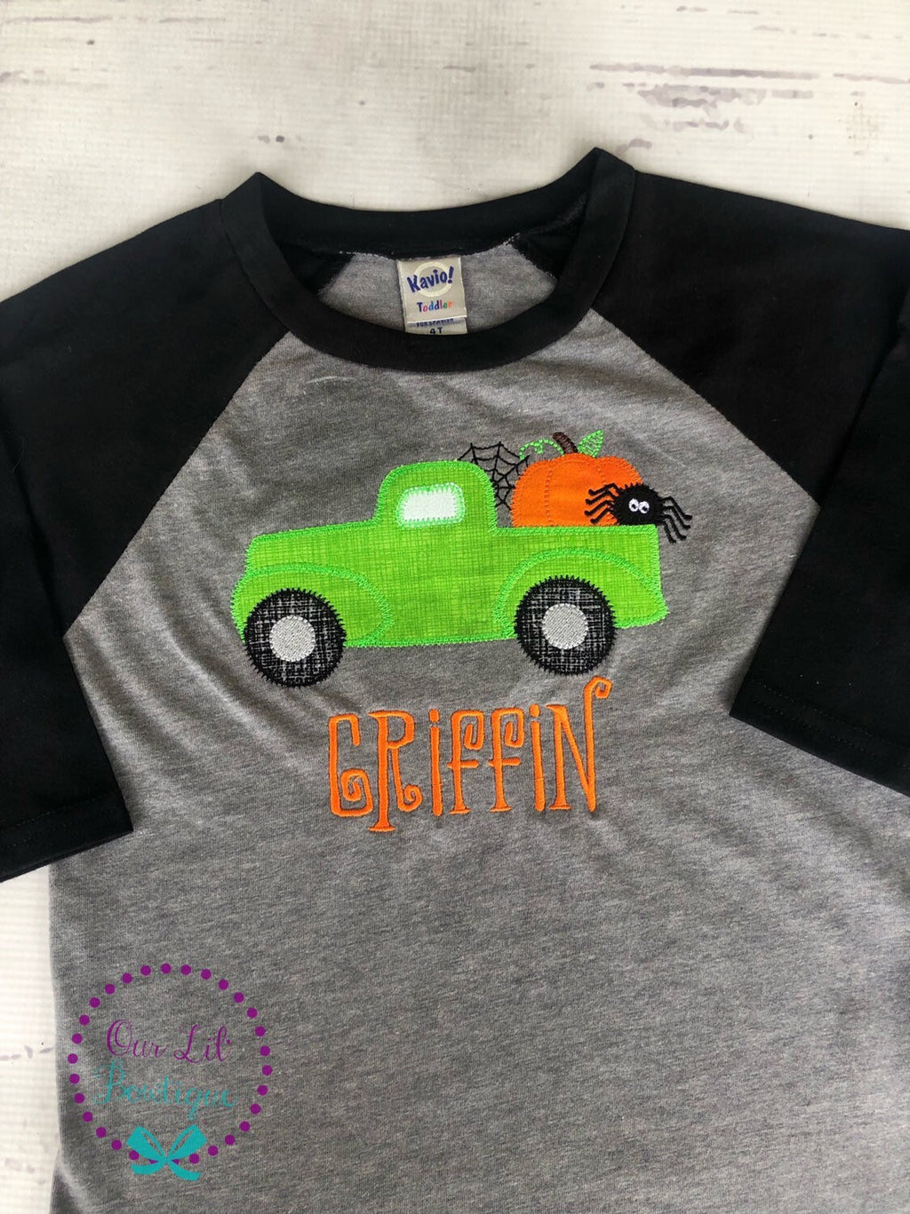 Personalized Halloween Truck Raglan Shirt: Ghost, Pumpkin, Spider