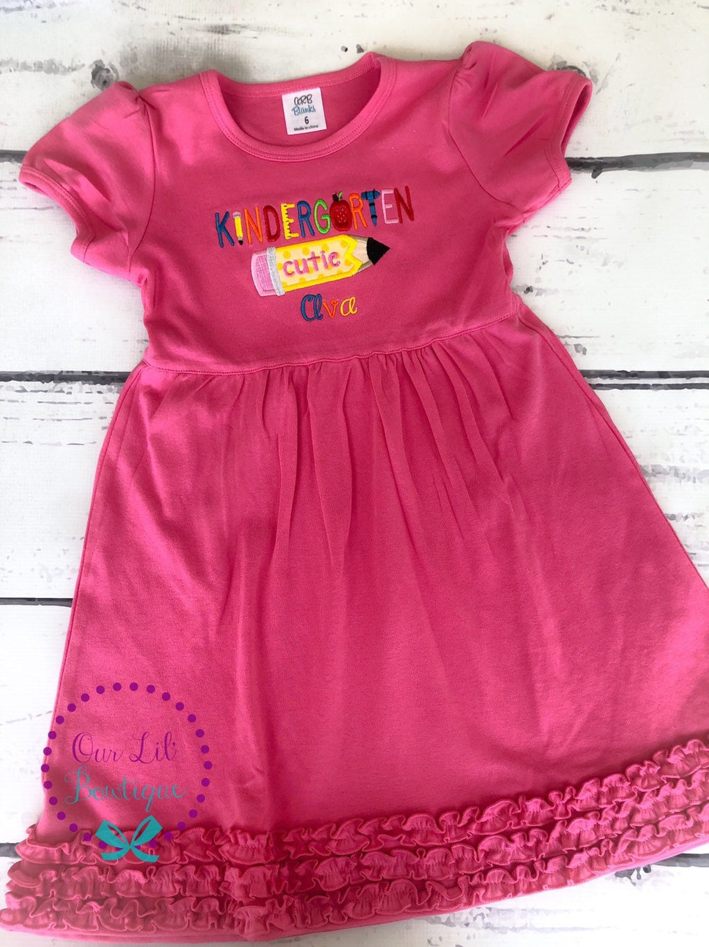 Embroidered Back to School Dress: Kindergarten Cutie Pencil Applique