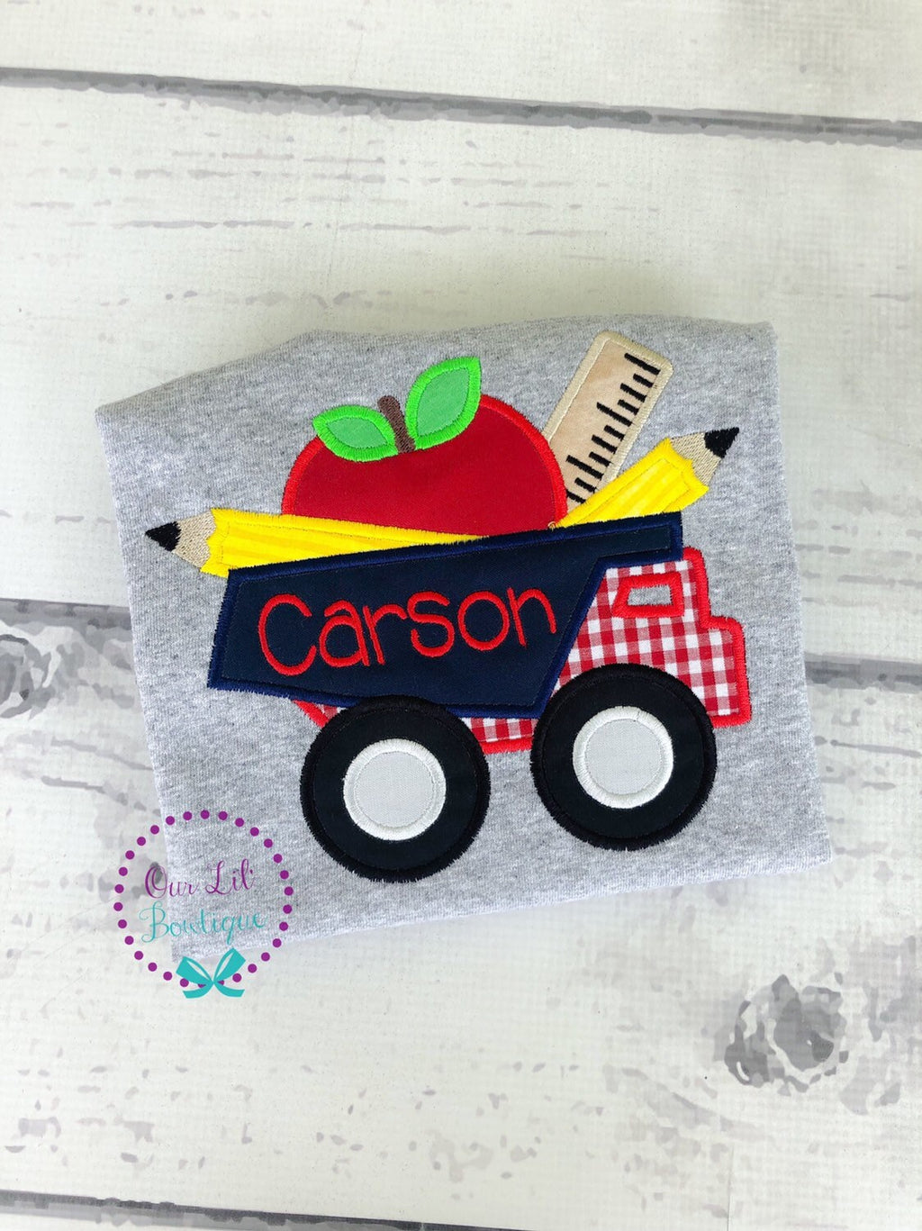 Personalized Back to School Truck Shirt: Embroidered School Supplies Applique