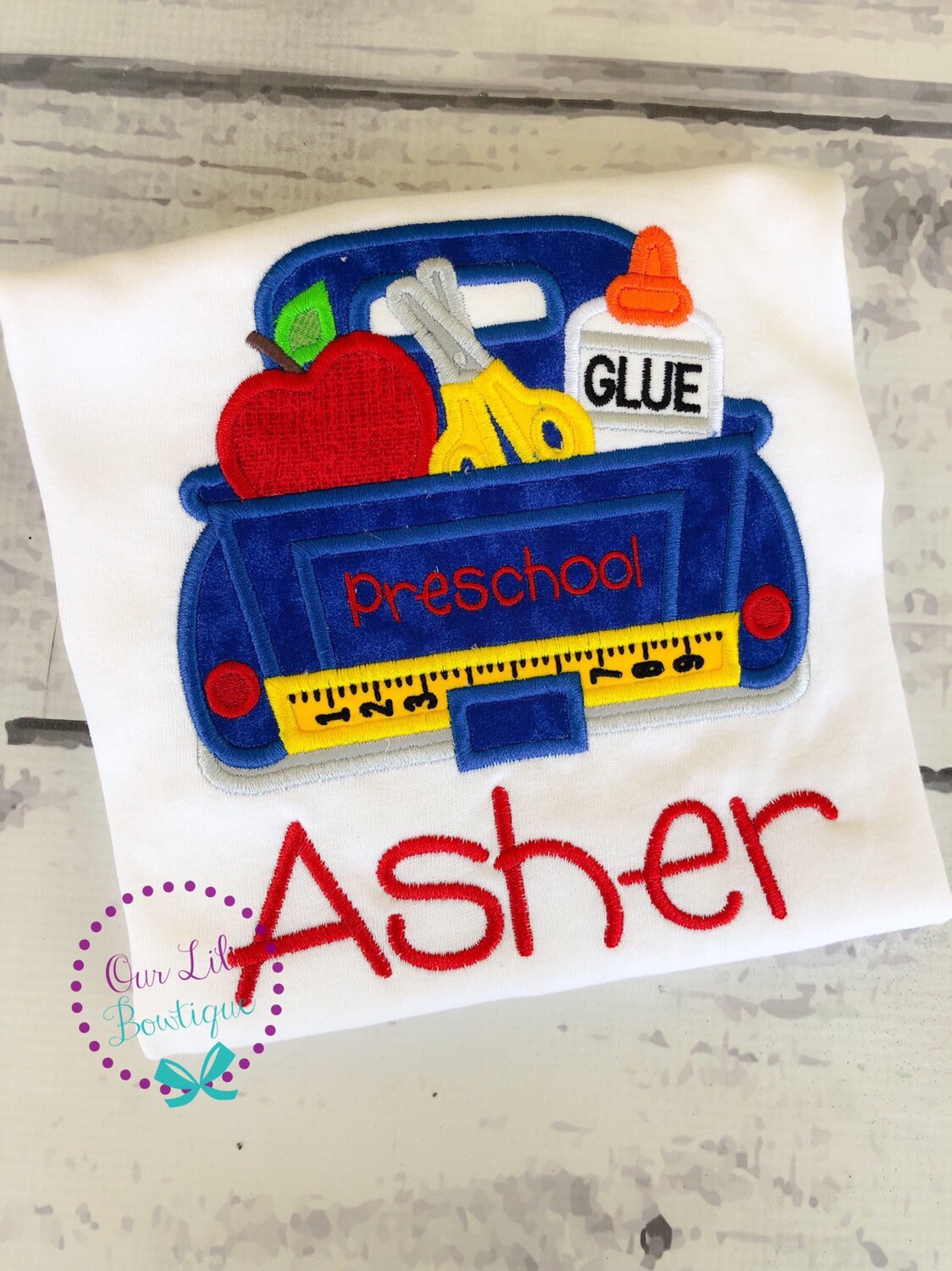 Personalized Back to School Shirt: Embroidered School Supply Truck