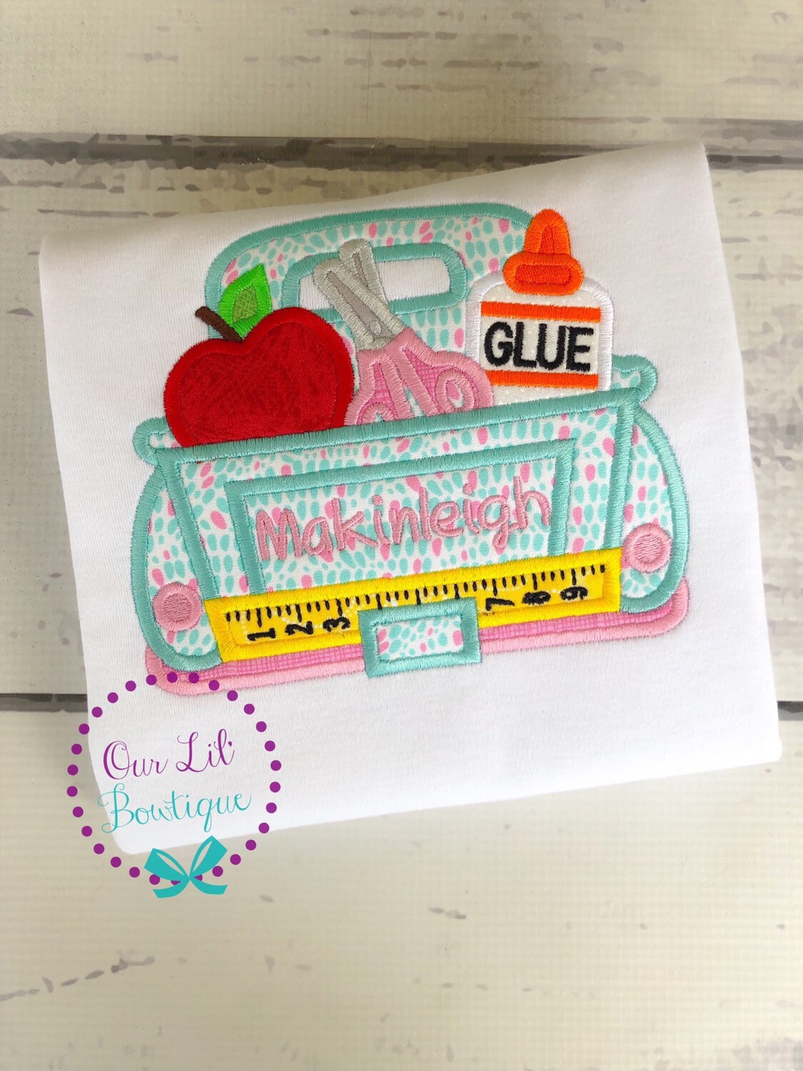 Personalized Back to School Shirt: Embroidered School Supply Truck Applique