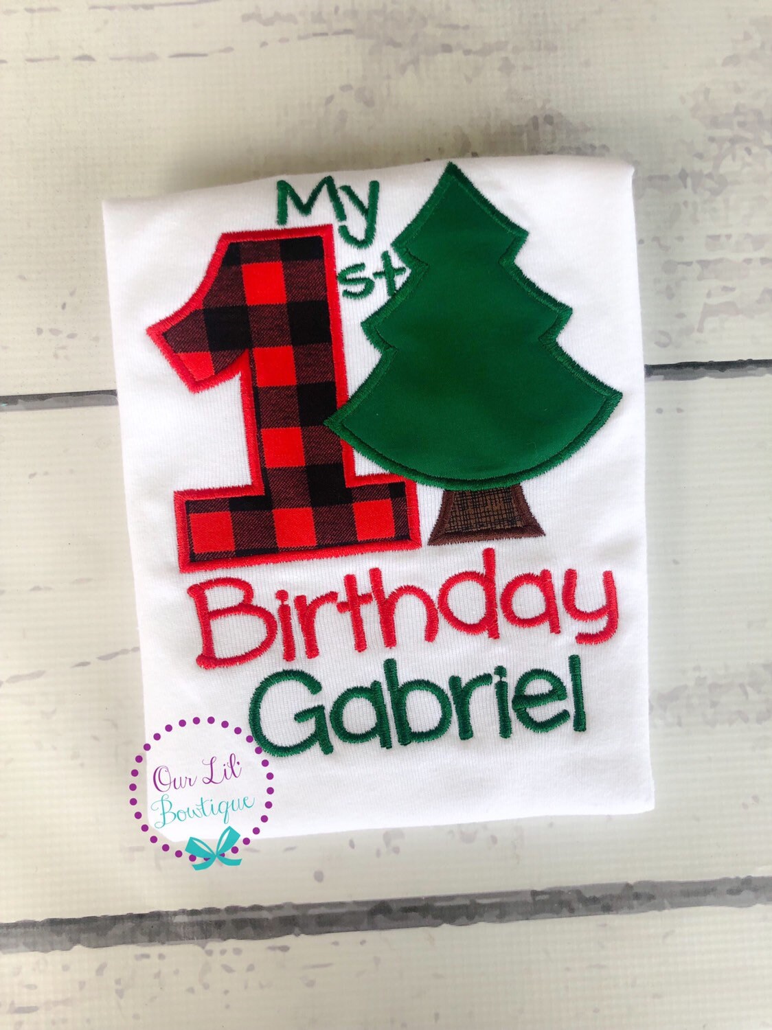 Christmas 1st Birthday Shirt: Plaid Number, Tree Applique