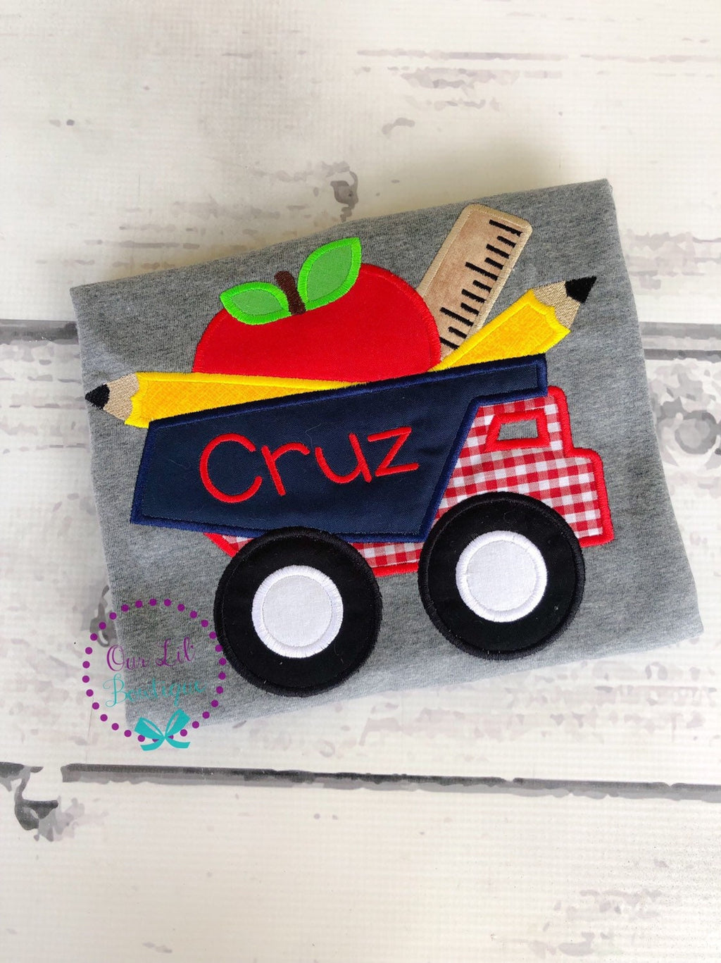 Personalized Back to School Truck Shirt: Embroidered School Supplies Applique