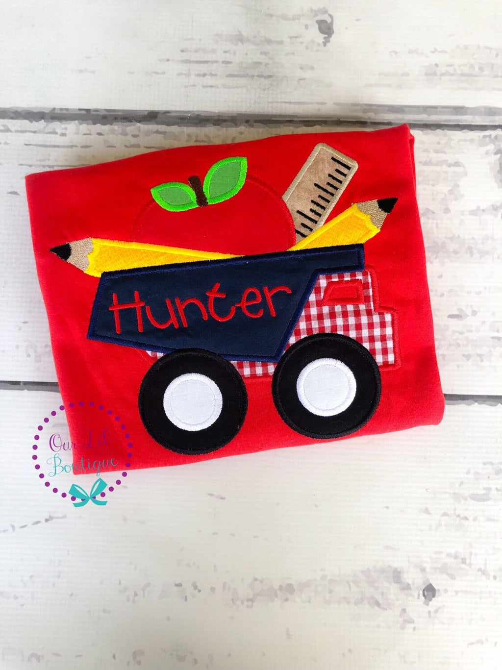 Personalized Back to School Truck Shirt: Embroidered School Supplies Applique