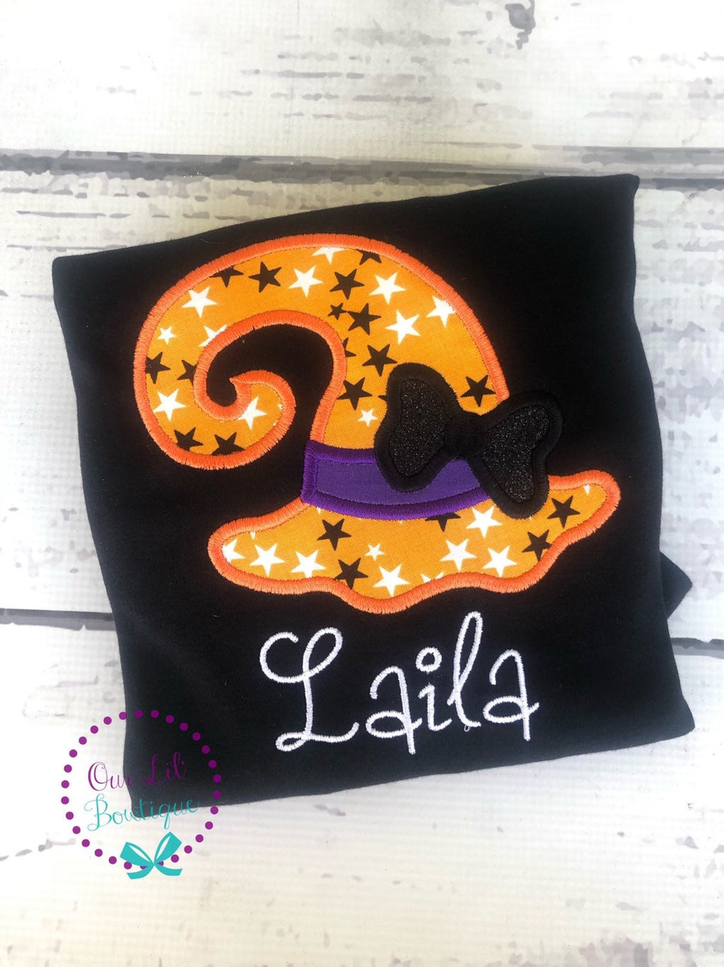 Girls Halloween Shirt: Witch Hat Applique, Ruffle Sleeve