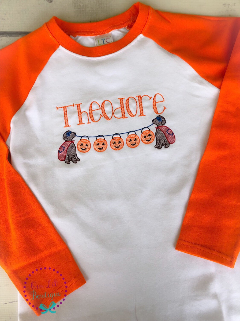 Dog with Pumpkin Halloween Shirt: Vintage Stitch Appliqué