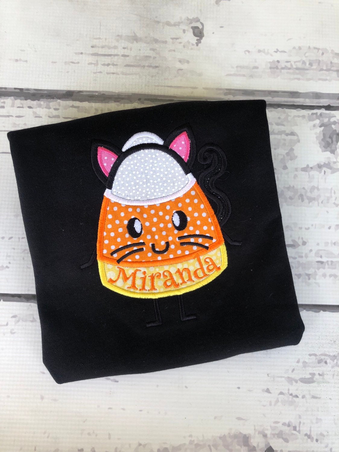 Candy Corn Cat Halloween Shirt: Girls Personalized Applique Top