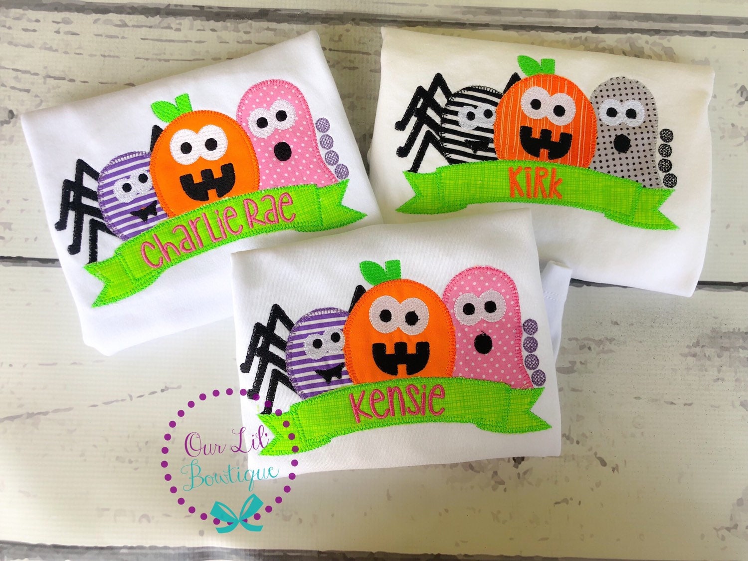 Personalized Halloween Shirt: Embroidered Pumpkin, Spider, Ghost Trio