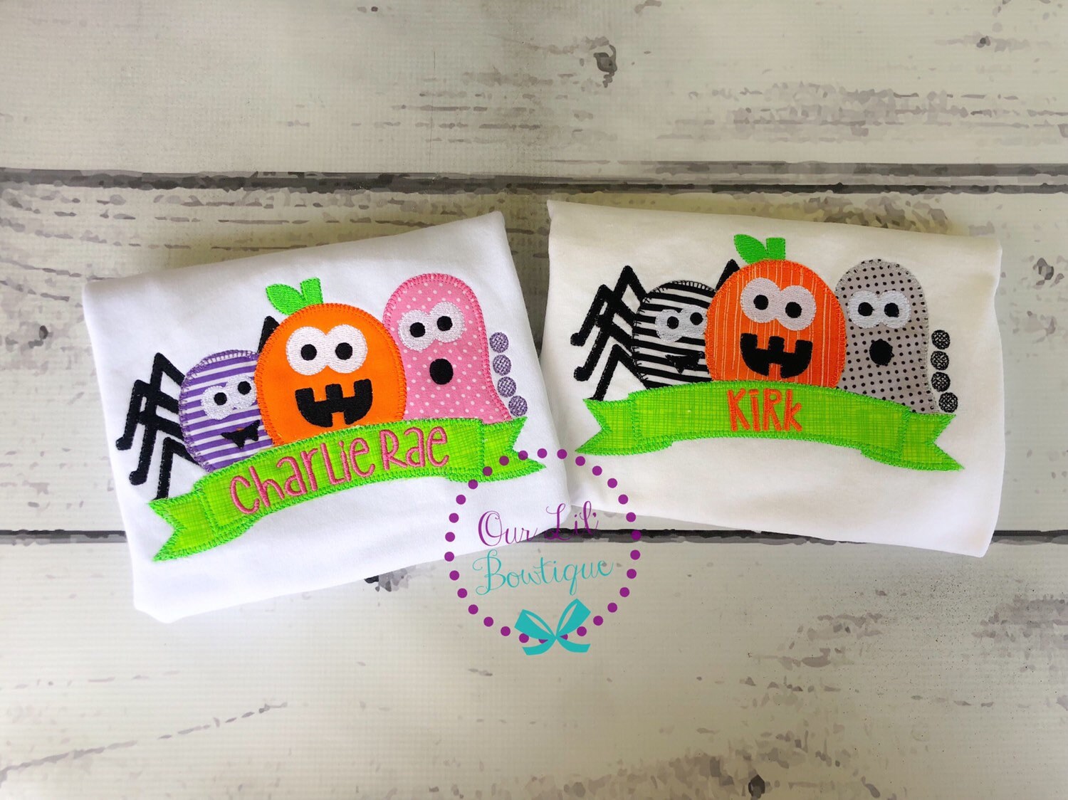 Personalized Halloween Shirt: Embroidered Pumpkin, Spider, Ghost Trio