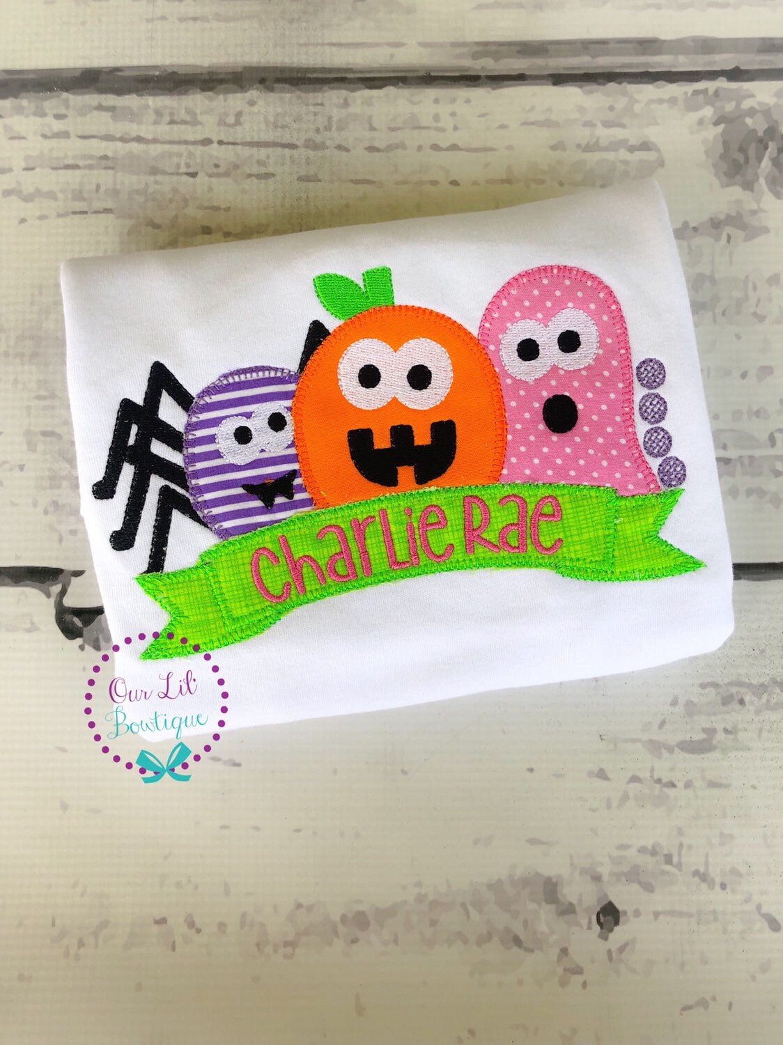 Personalized Halloween Shirt: Embroidered Pumpkin, Spider, Ghost Trio