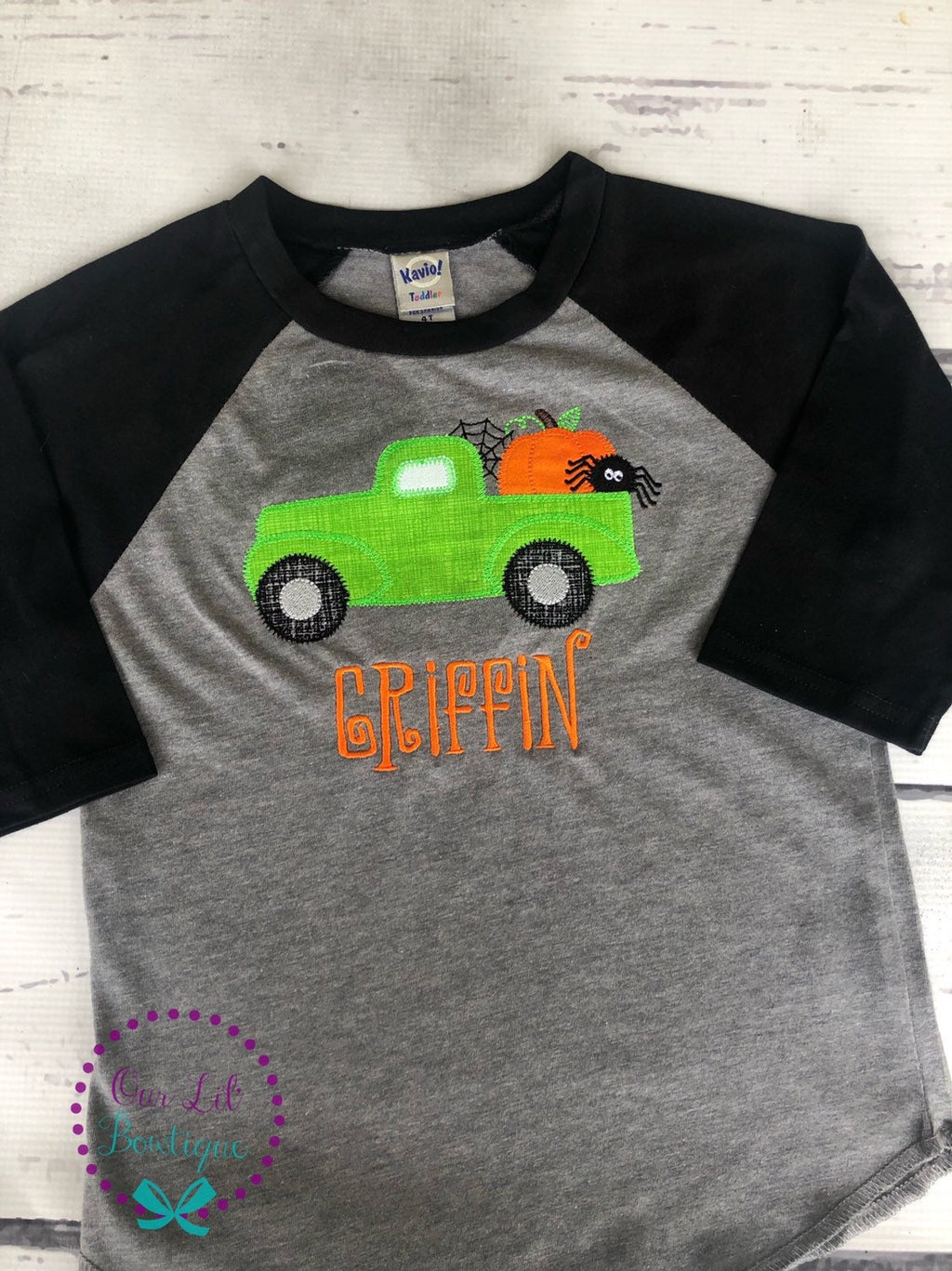 Personalized Halloween Truck Raglan Shirt: Ghost, Pumpkin, Spider
