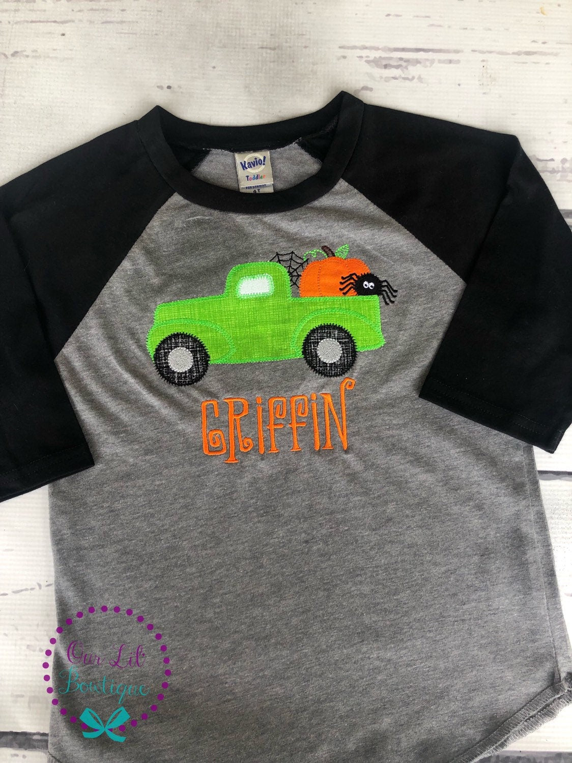 Personalized Halloween Truck Raglan Shirt: Ghost, Pumpkin, Spider