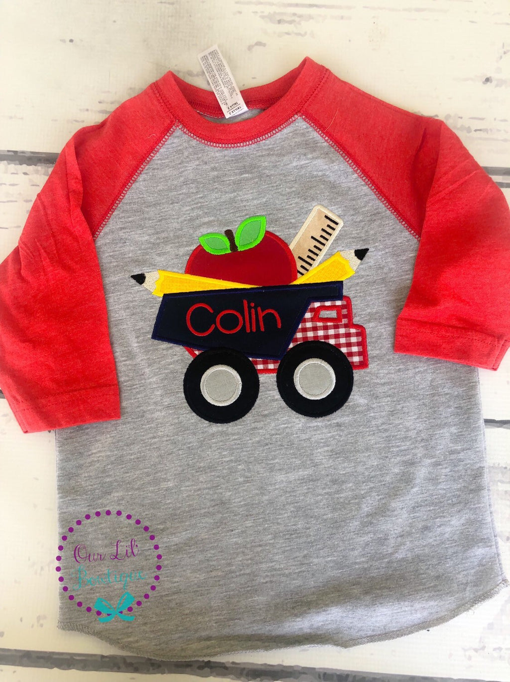 Personalized Back to School Truck Shirt: Embroidered School Supplies Applique