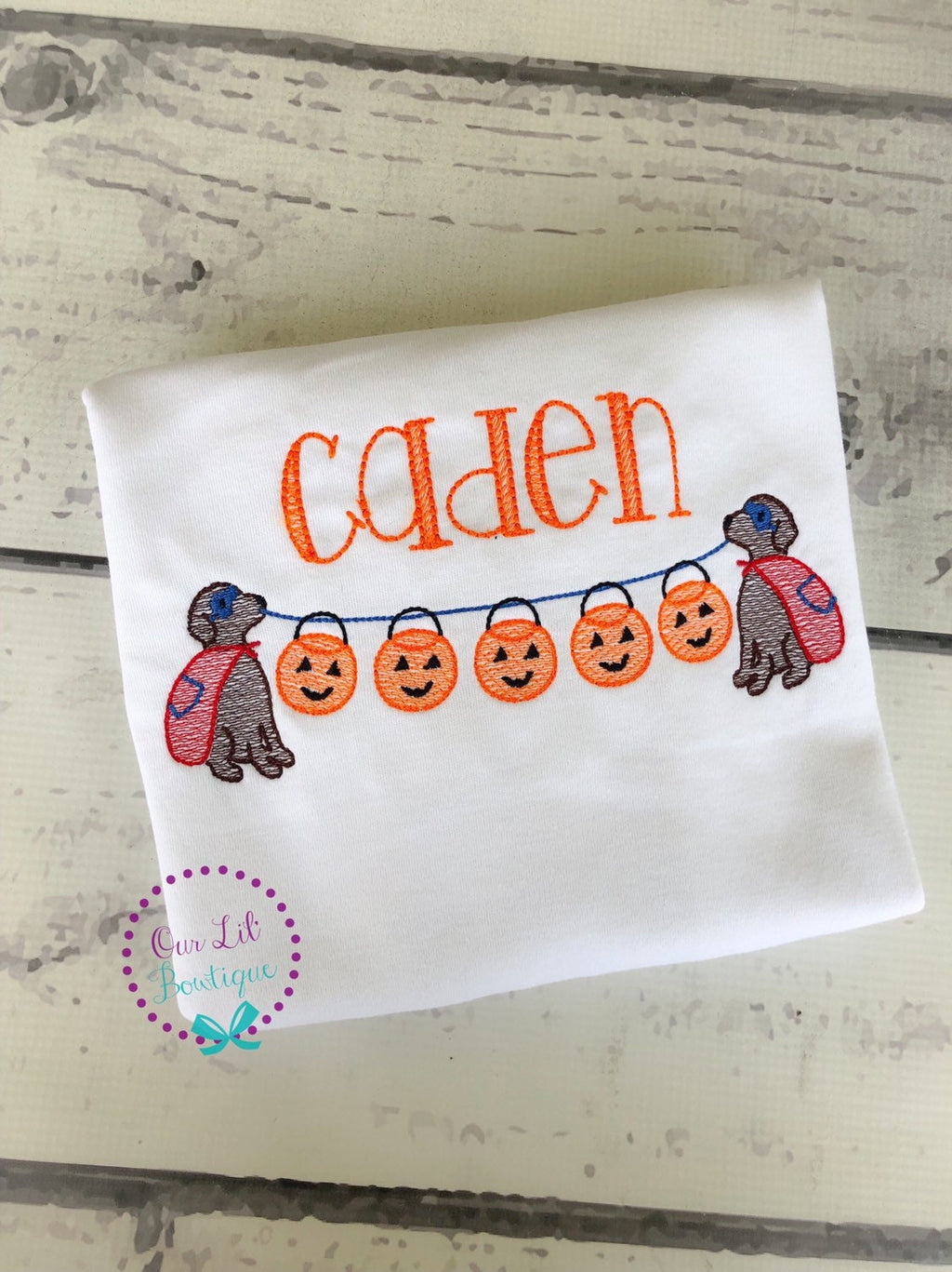 Dog with Pumpkin Halloween Shirt: Vintage Stitch Appliqué