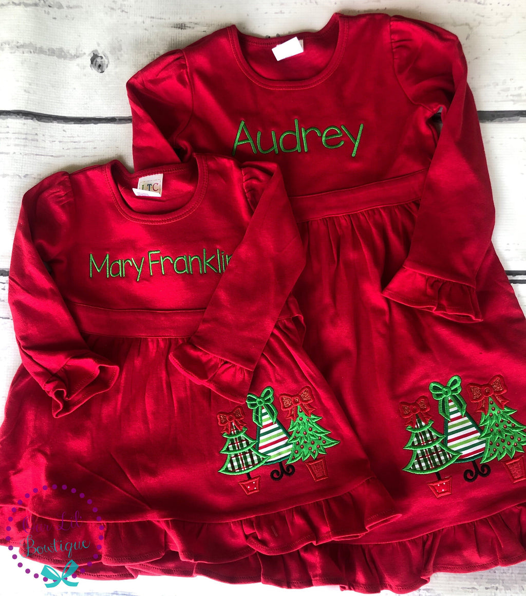 Personalized Christmas Dress - Embroidered Christmas Trees - Monogrammed Holiday Outfit - Girls Dress - Christmas