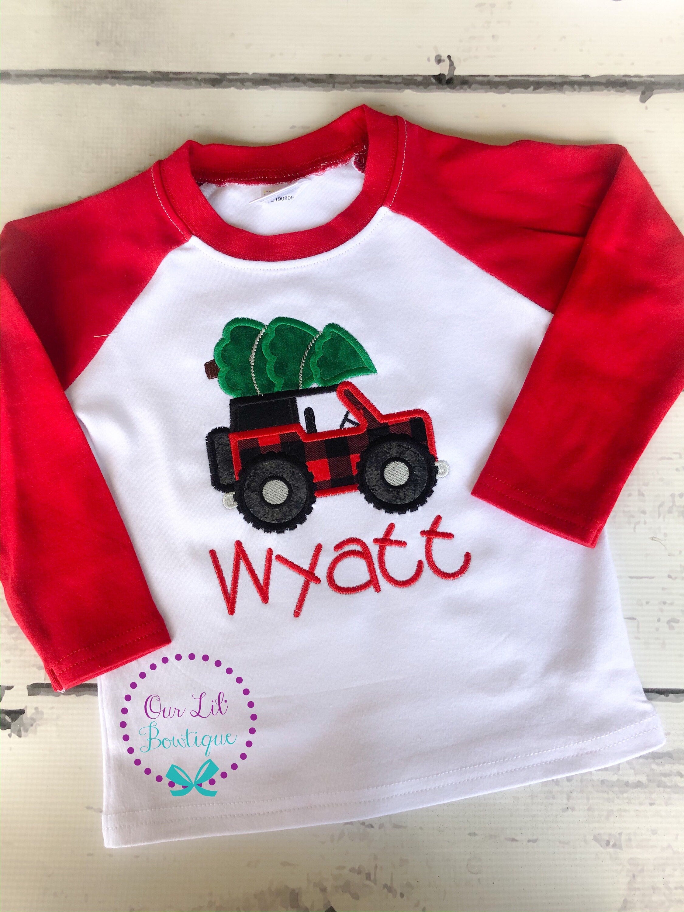 Personalized Christmas Truck Shirt: Boys Raglan Tee with Tree Applique