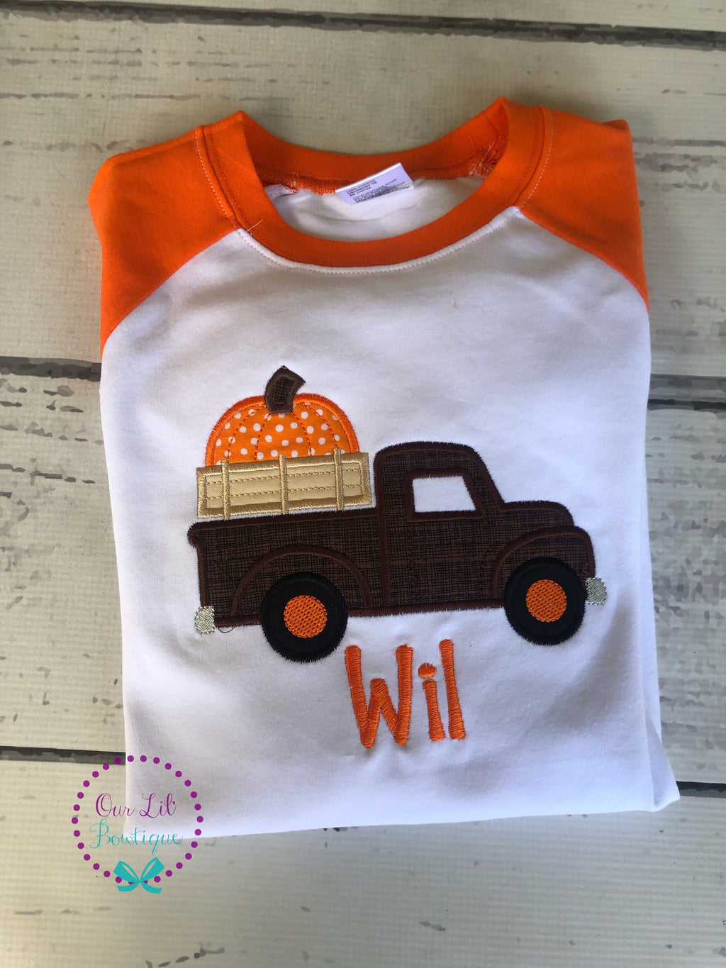 Personalized Pumpkin Truck Shirt - Thanksgiving Raglan - Halloween Applique