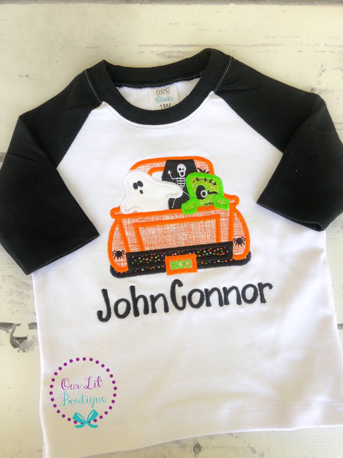 Personalized Halloween Raglan Shirt: Embroidered Ghost Truck Applique