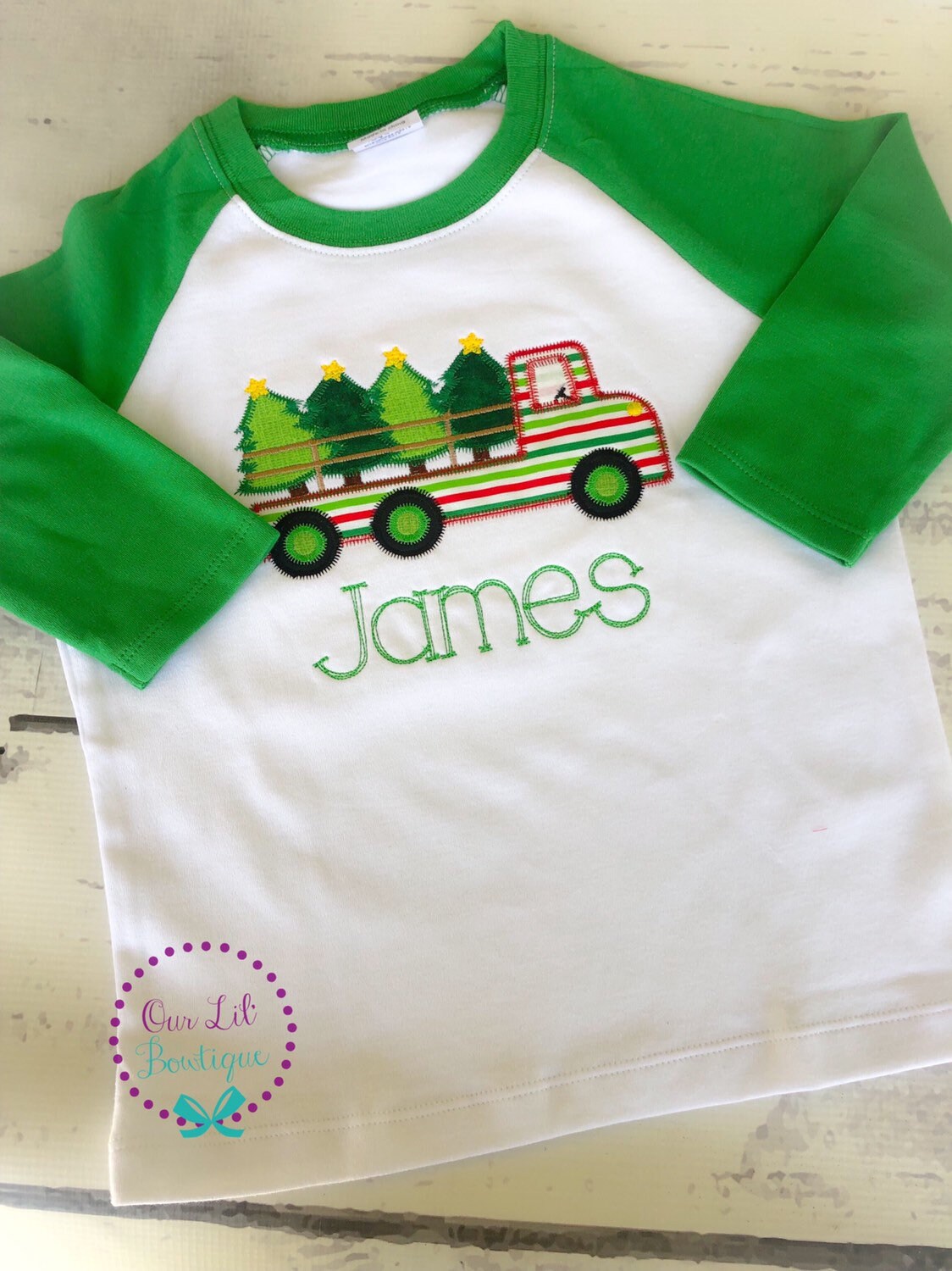 Christmas Truck Shirt - Boy's Christmas Truck- Christmas Tree - Boy Christmas Shirt - Personalized Shirt - Raglan - Flatbed Truck Shirt