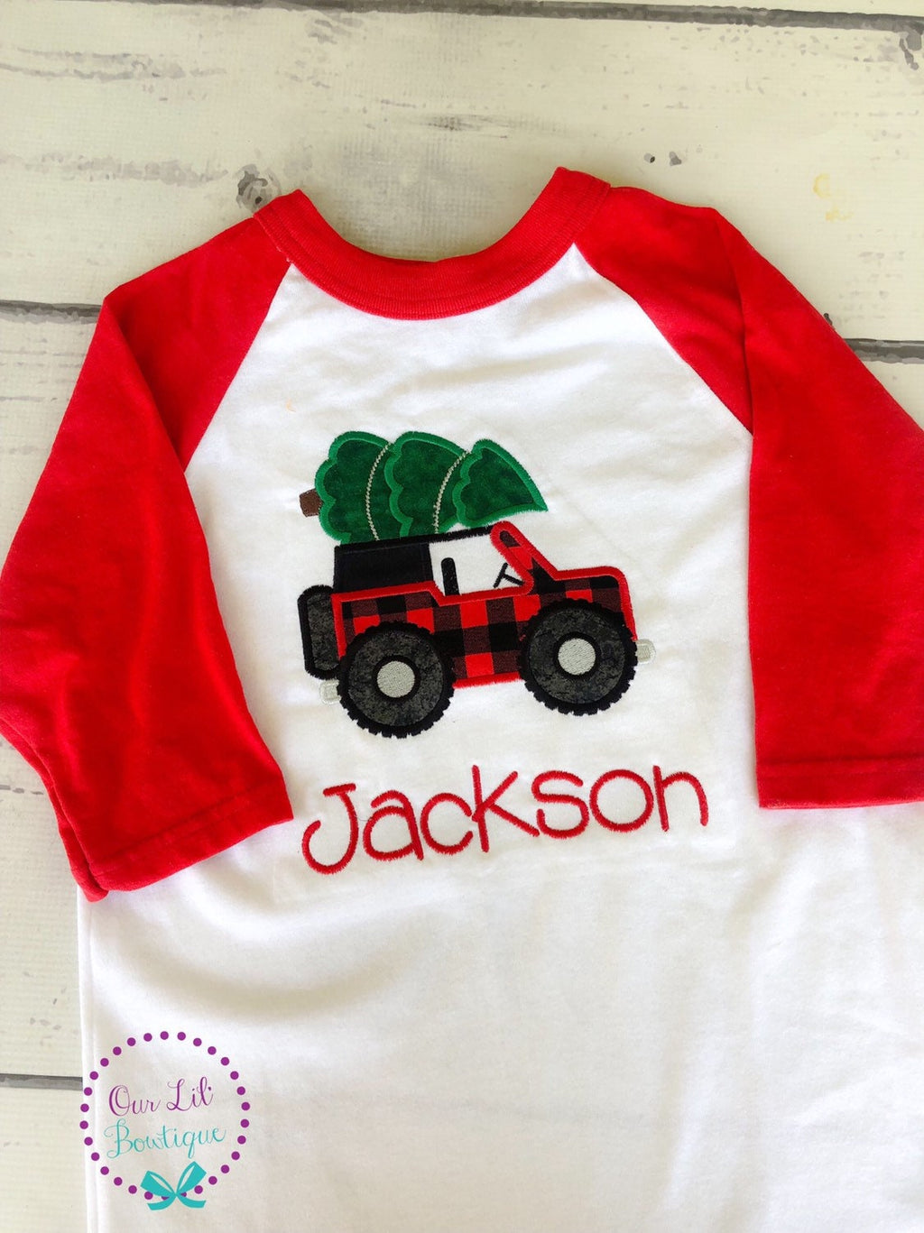 Personalized Christmas Truck Shirt: Boys Raglan Tee with Tree Applique